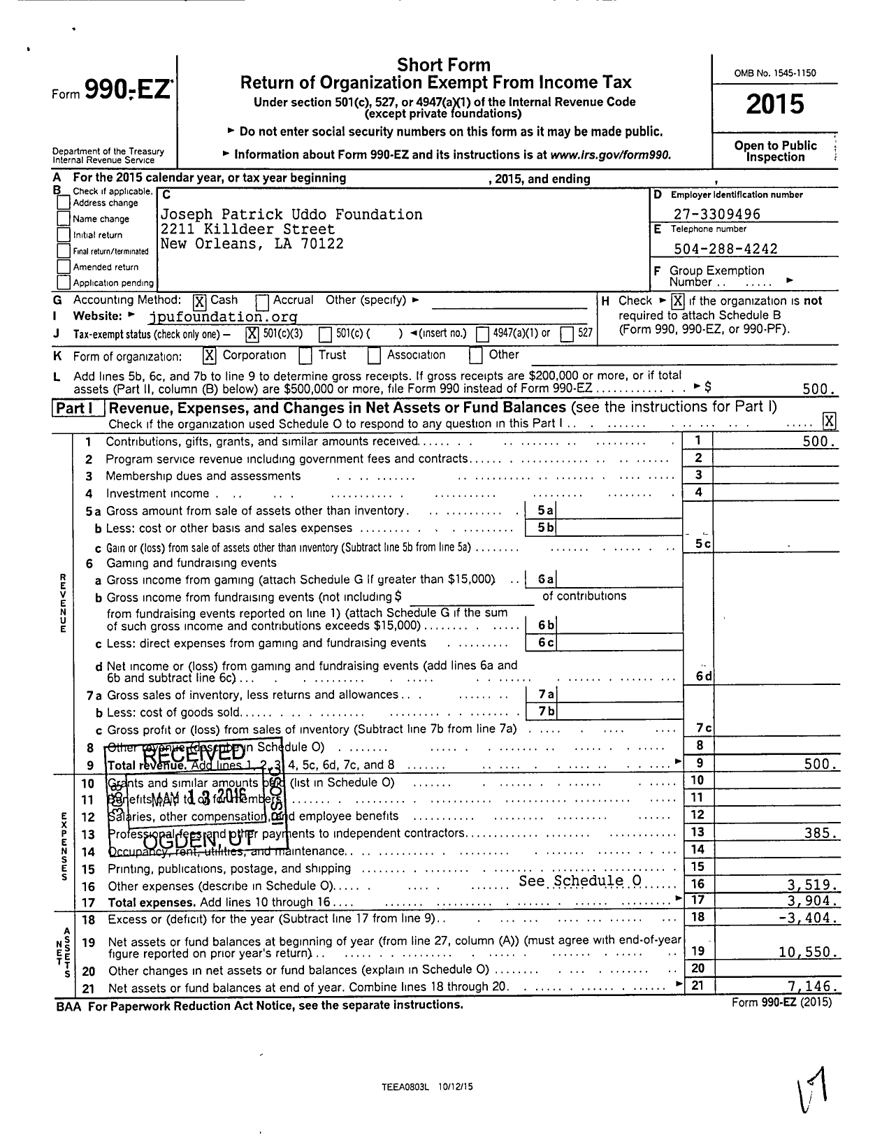 Image of first page of 2015 Form 990EZ for Joseph Patrick Uddo Foundation