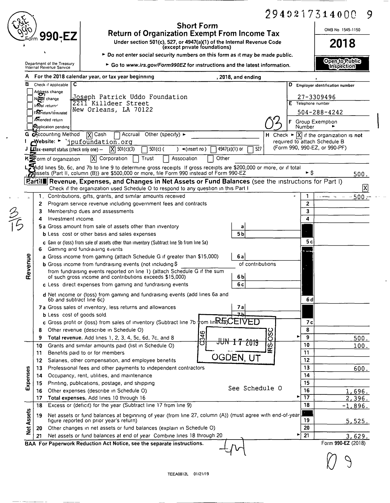 Image of first page of 2018 Form 990EZ for Joseph Patrick Uddo Foundation