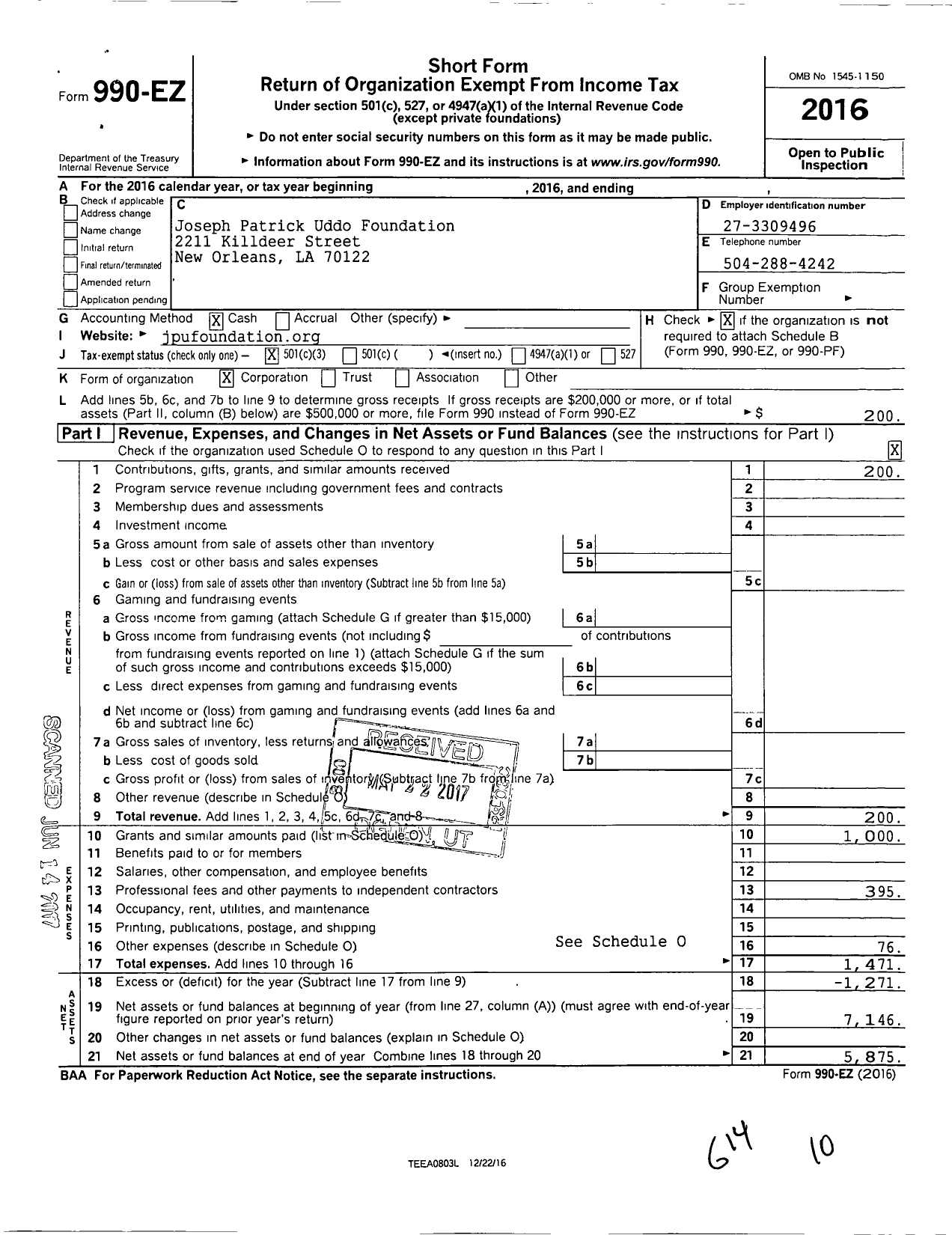 Image of first page of 2016 Form 990EZ for Joseph Patrick Uddo Foundation