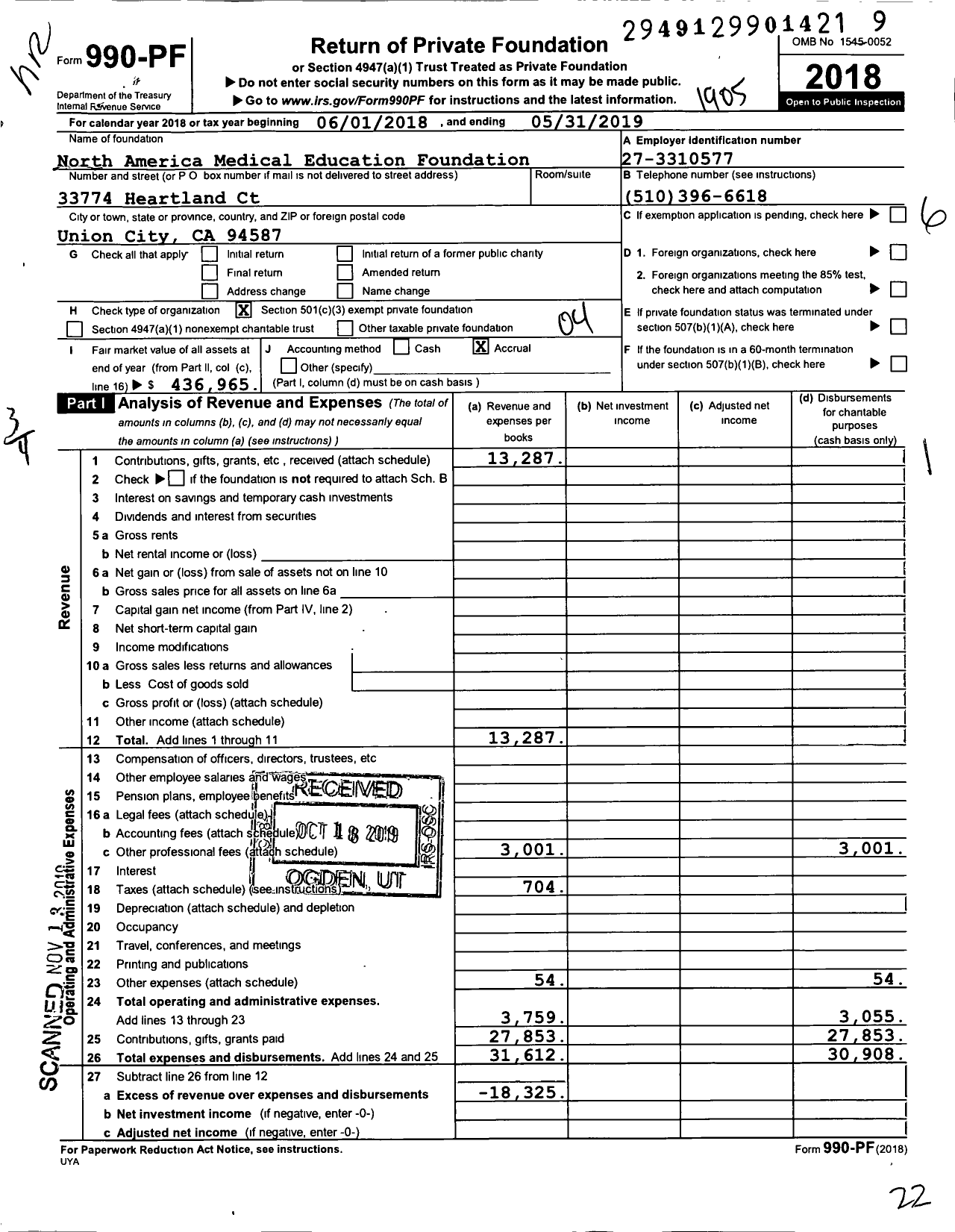 Image of first page of 2018 Form 990PF for North America Medical Education Foundation