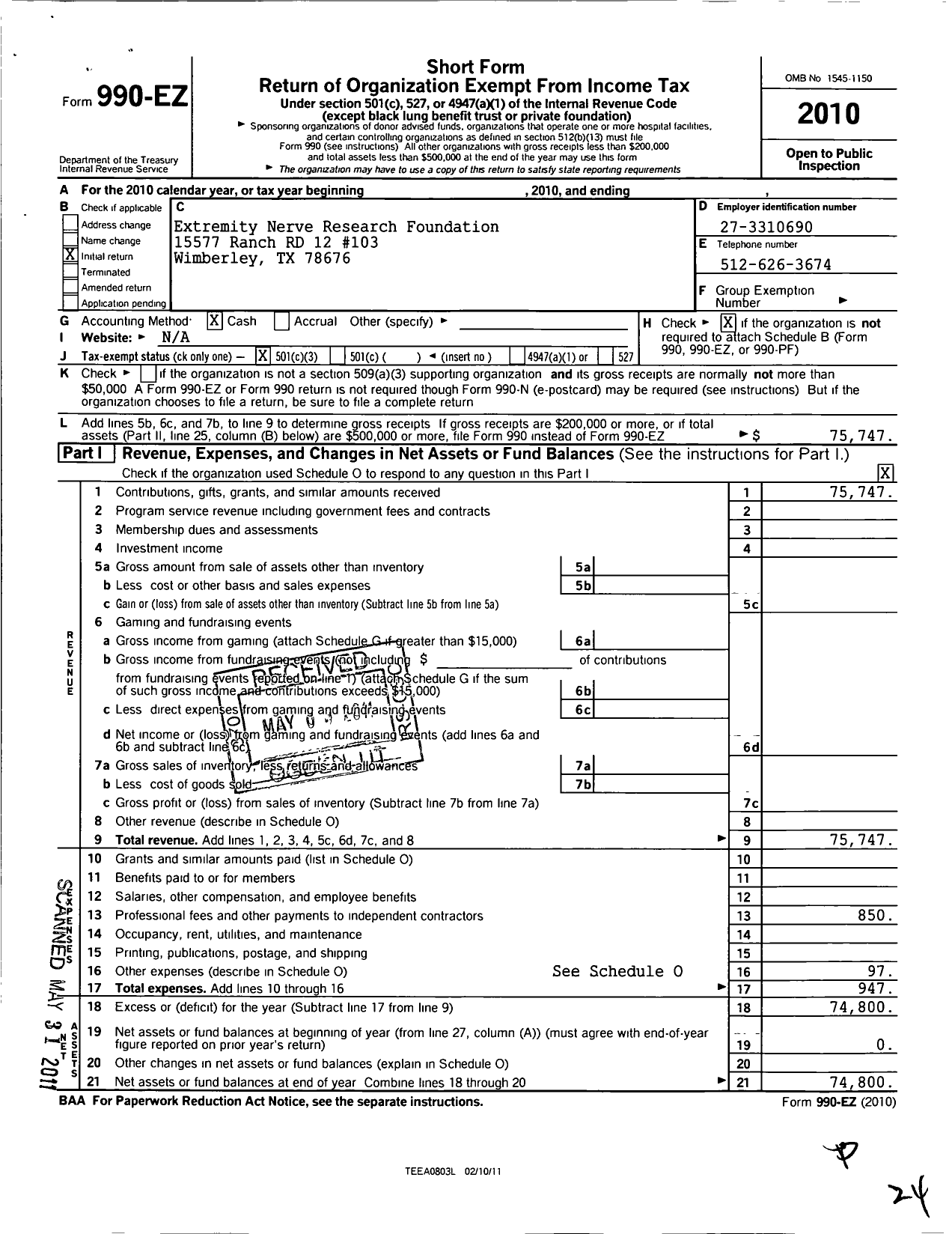 Image of first page of 2010 Form 990EZ for Extremity Nerve Research Foundation