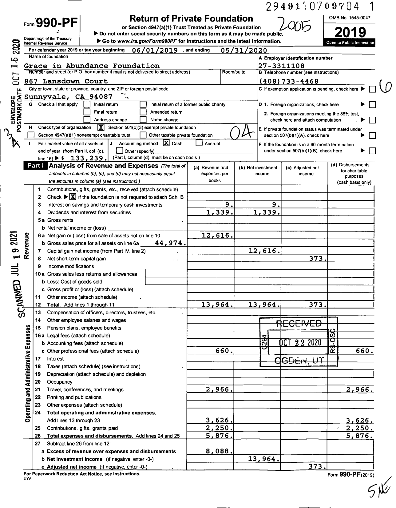 Image of first page of 2019 Form 990PF for Grace in Abundance Foundation