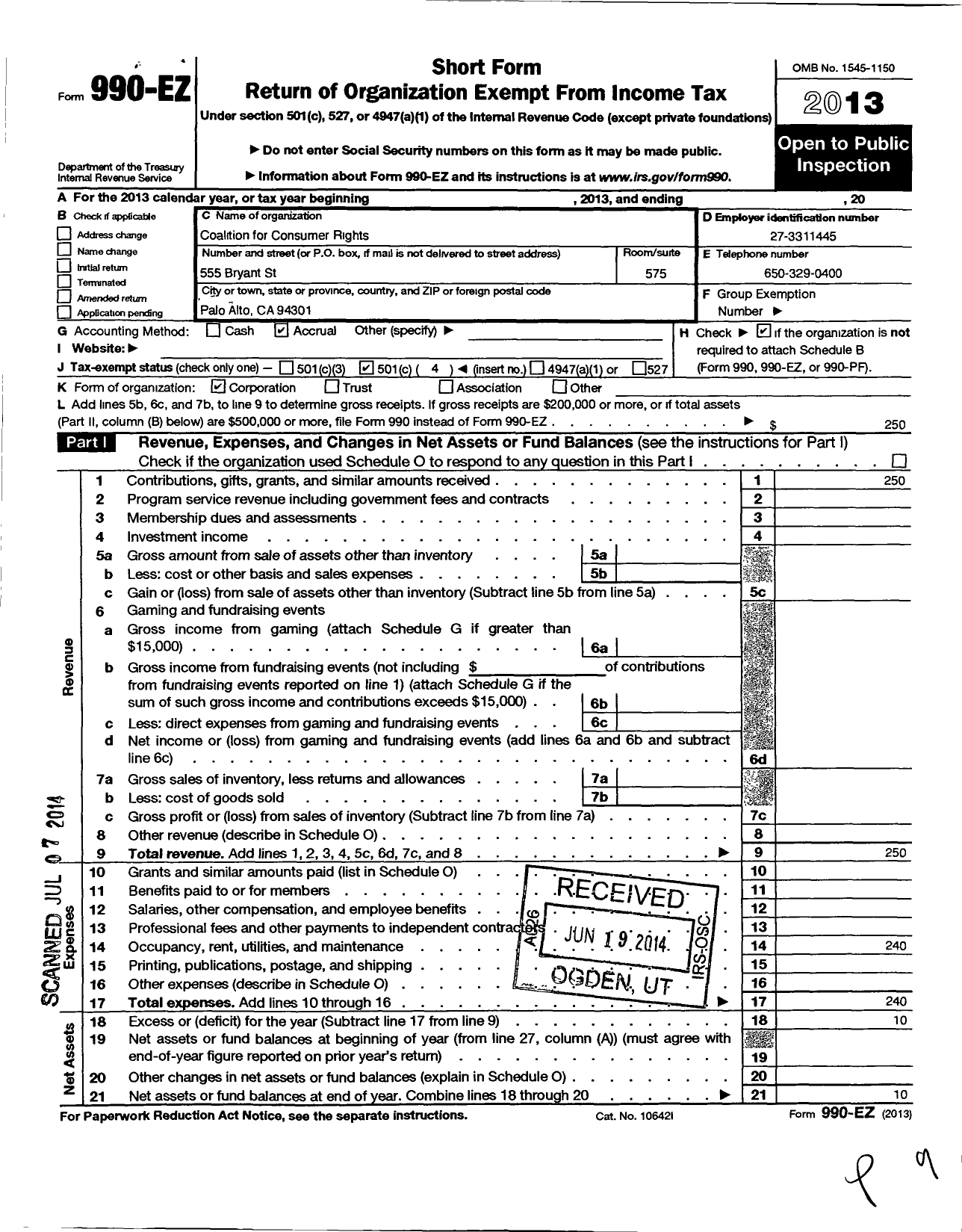 Image of first page of 2013 Form 990EO for Coalition for Consumer Rights