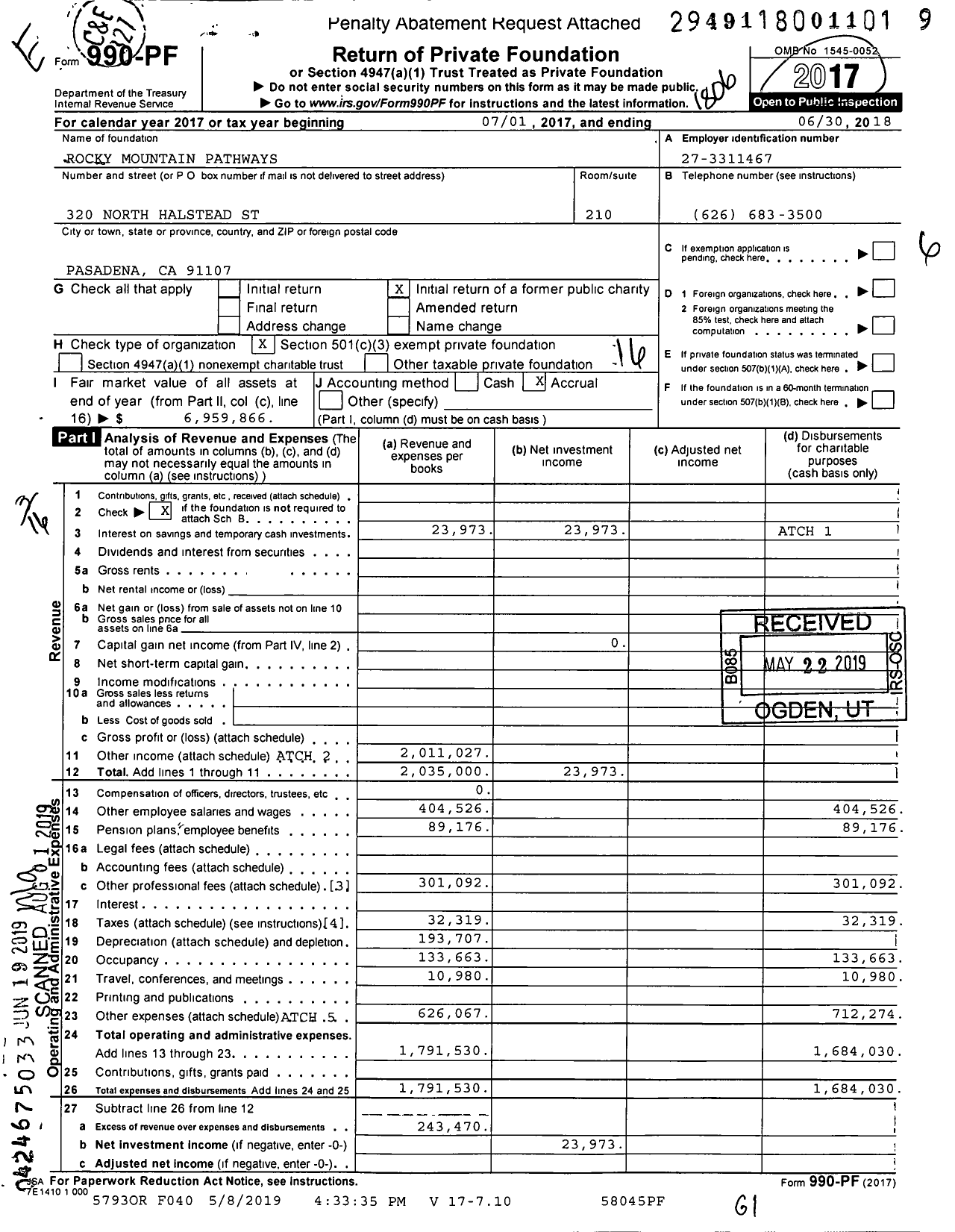 Image of first page of 2017 Form 990PF for Rocky Mountain Pathways