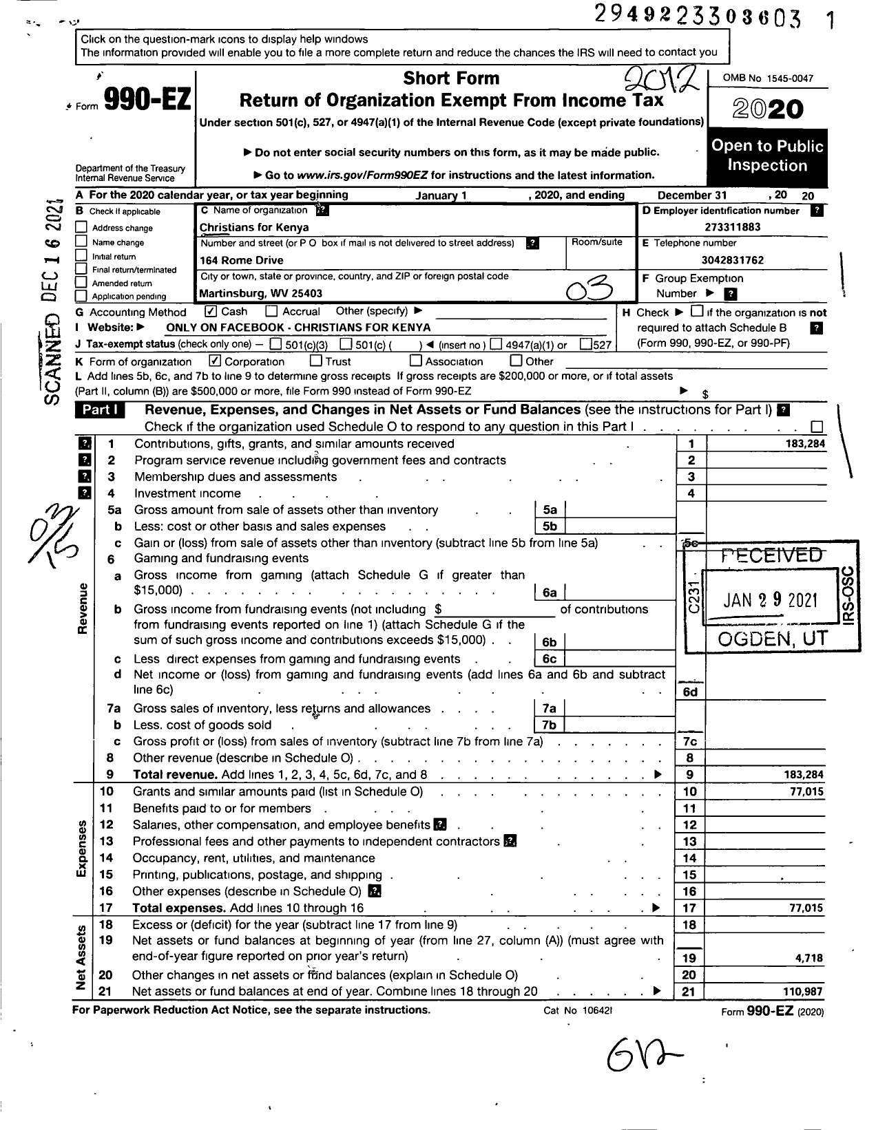 Image of first page of 2020 Form 990EZ for Christians for Kenya