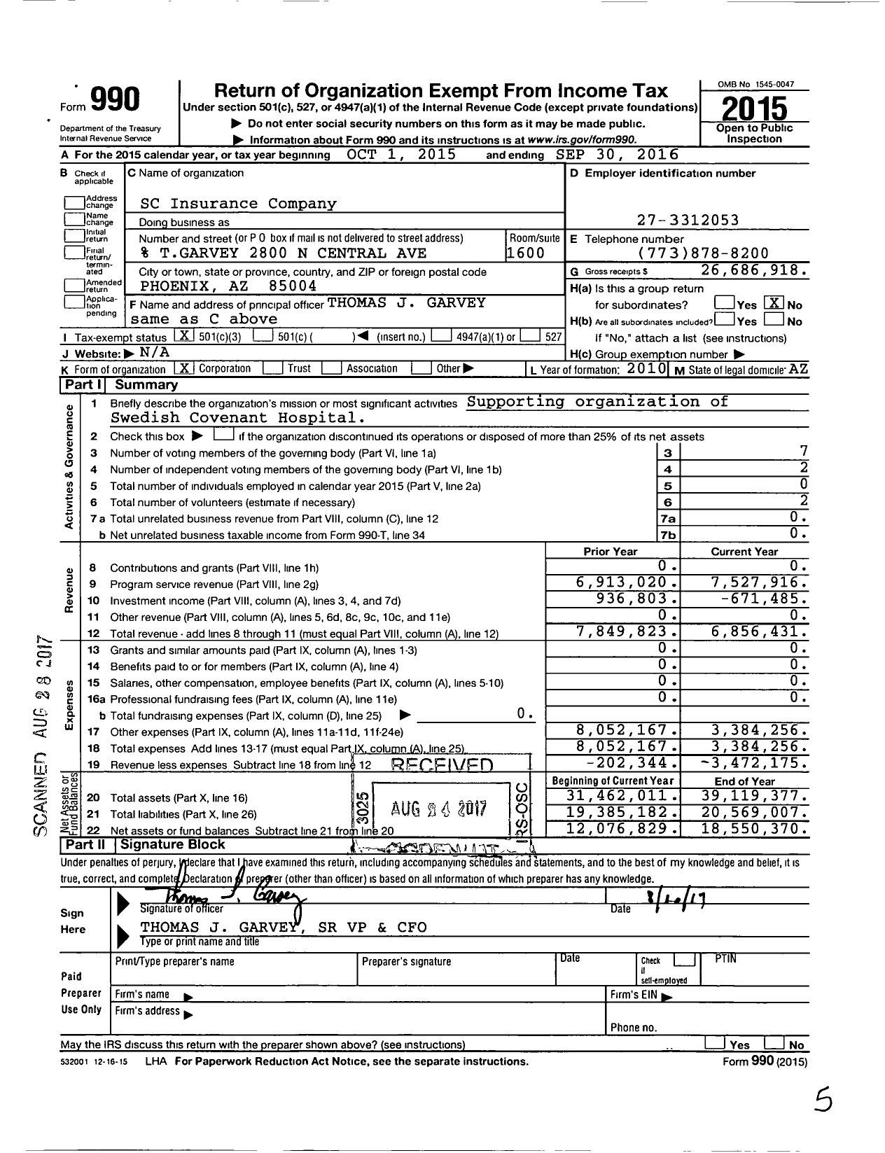 Image of first page of 2015 Form 990 for SC Insurance Company