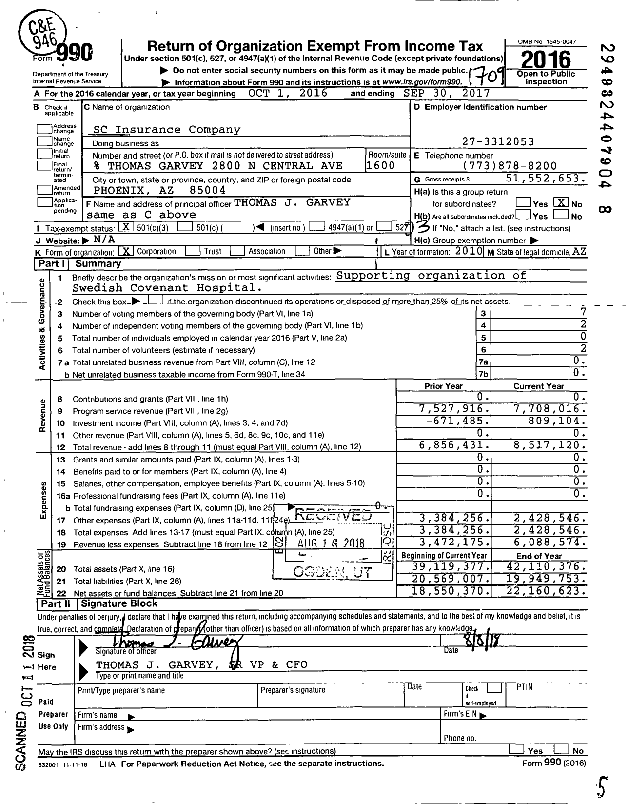 Image of first page of 2016 Form 990 for SC Insurance Company