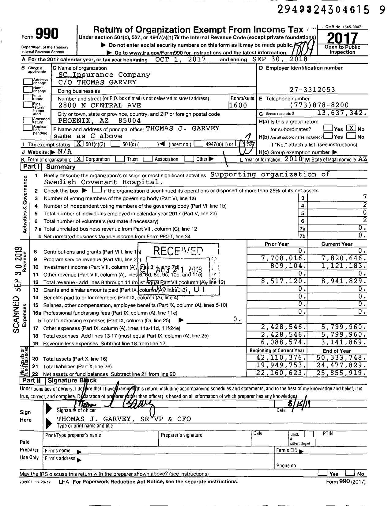 Image of first page of 2017 Form 990 for SC Insurance Company