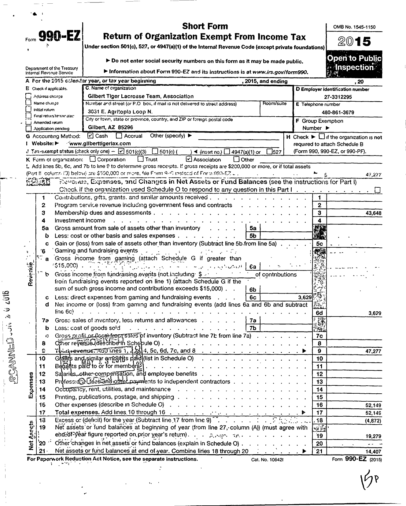 Image of first page of 2015 Form 990EZ for Gilbert Tiger Lacrosse Team Association