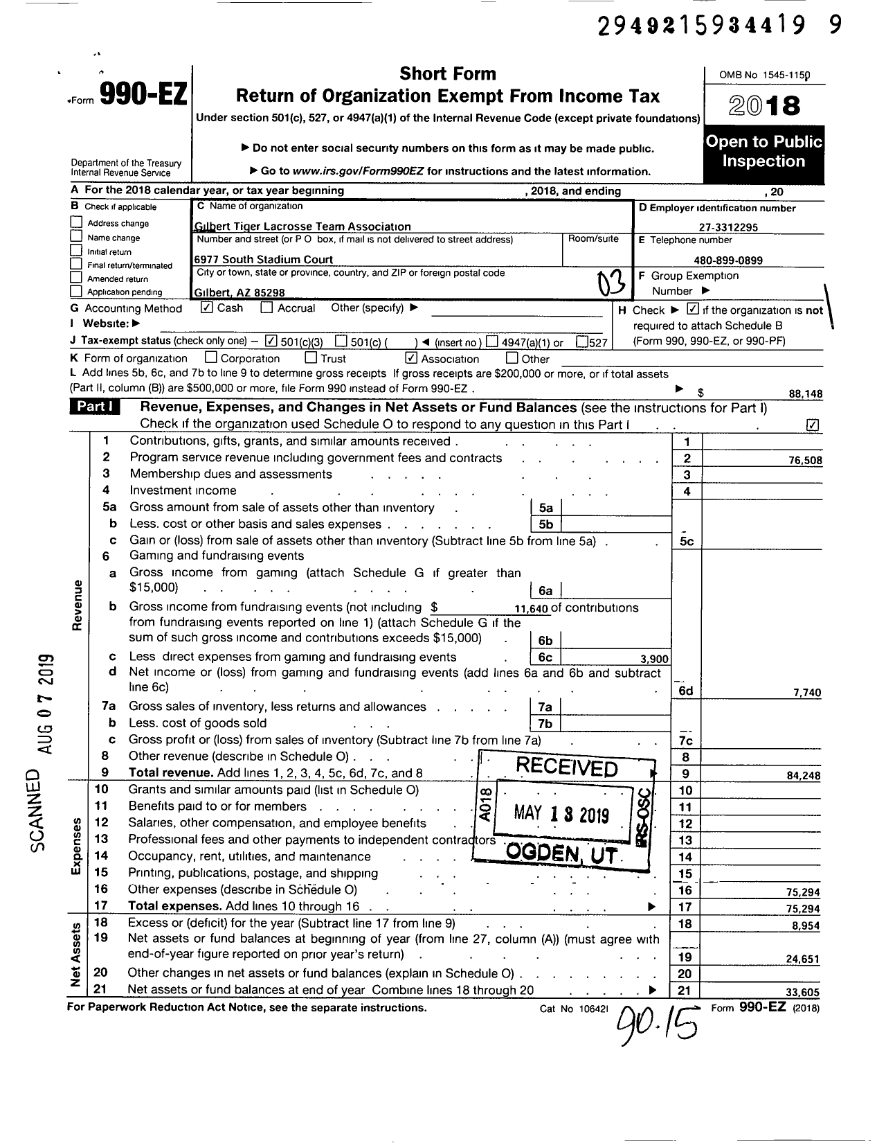 Image of first page of 2018 Form 990EZ for Gilbert Tiger Lacrosse Team Association