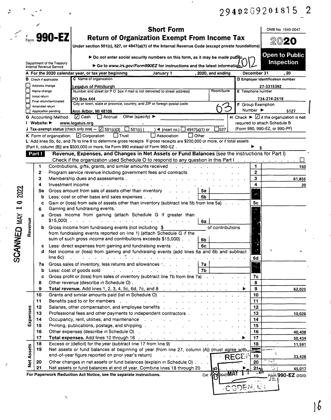 Image of first page of 2020 Form 990EZ for Legatus of Pittsburgh