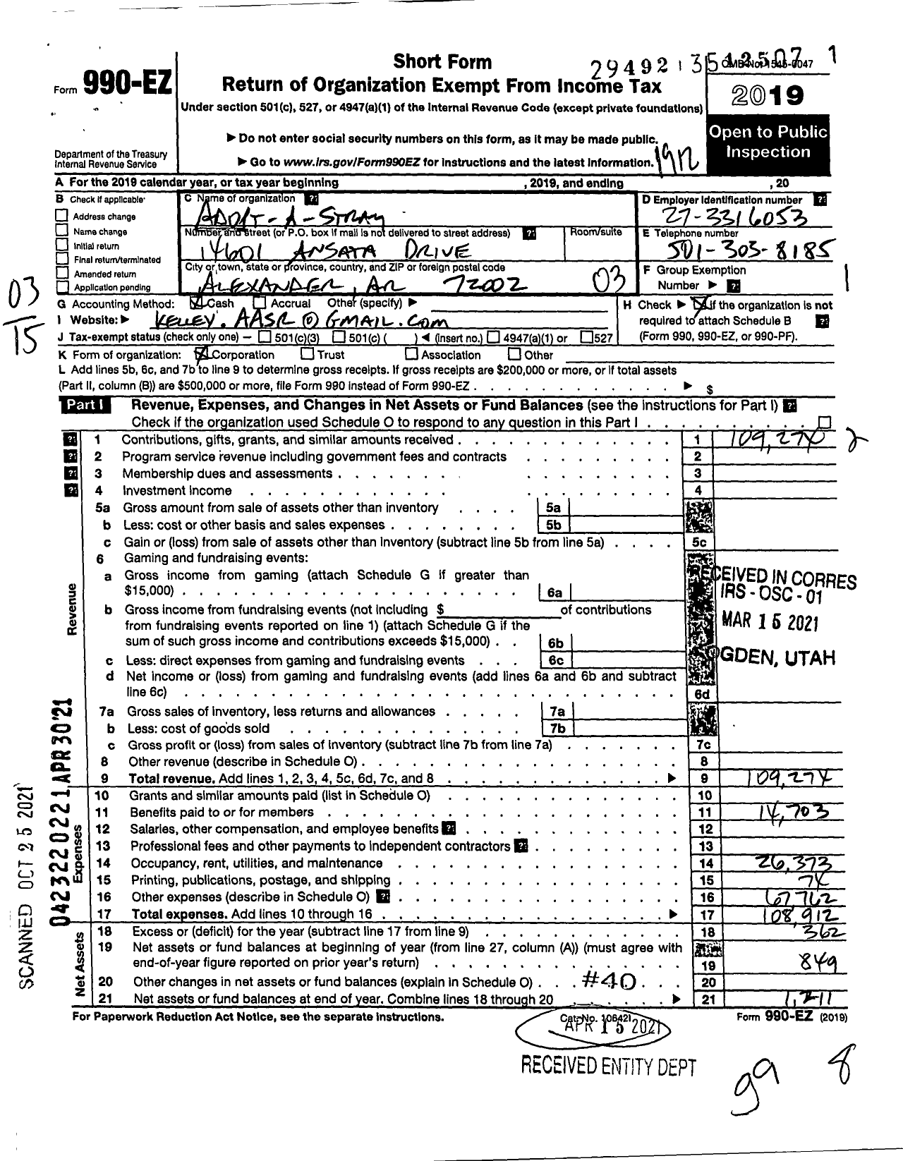 Image of first page of 2019 Form 990EZ for Adopt-A-Stray