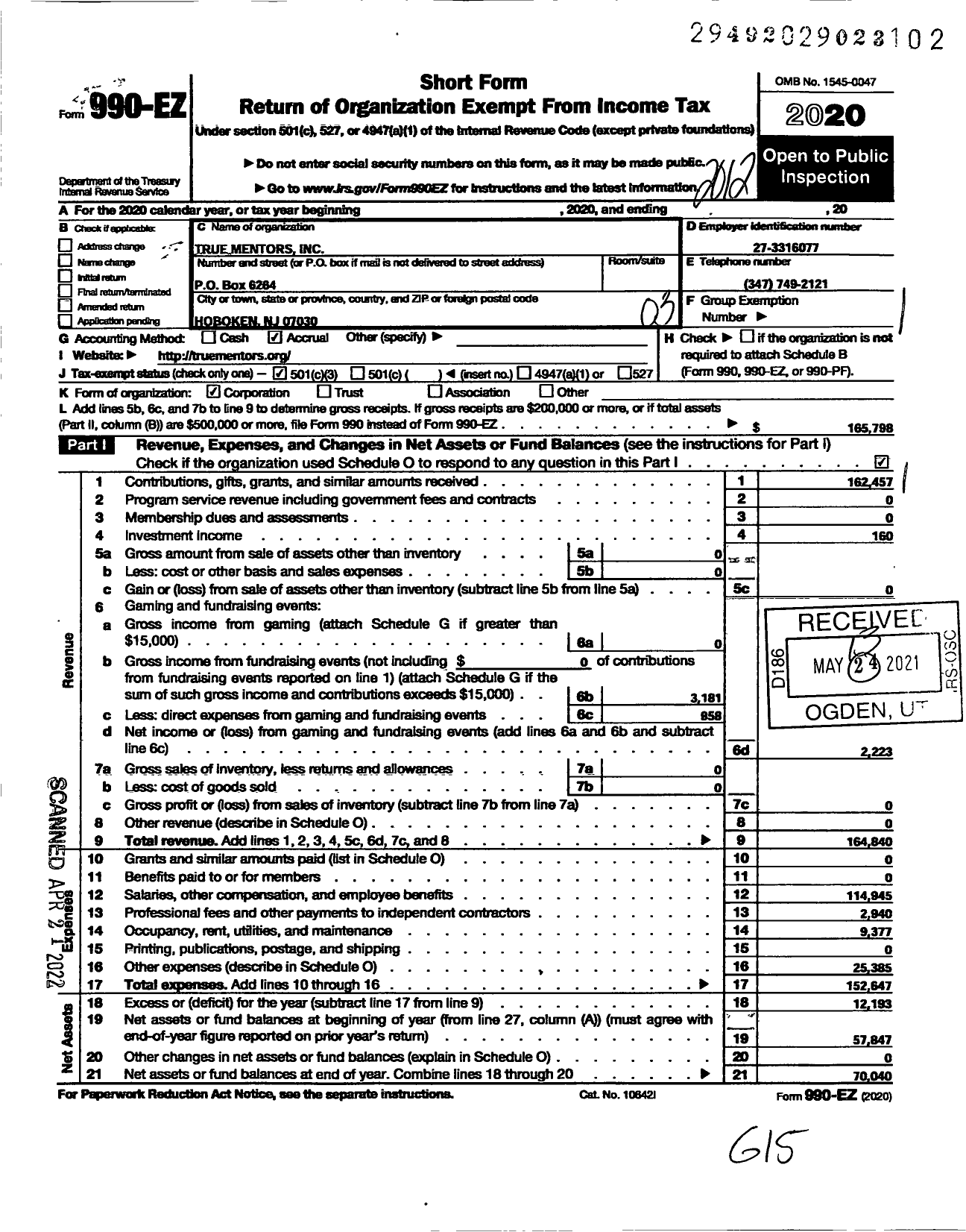 Image of first page of 2020 Form 990EZ for True Mentors