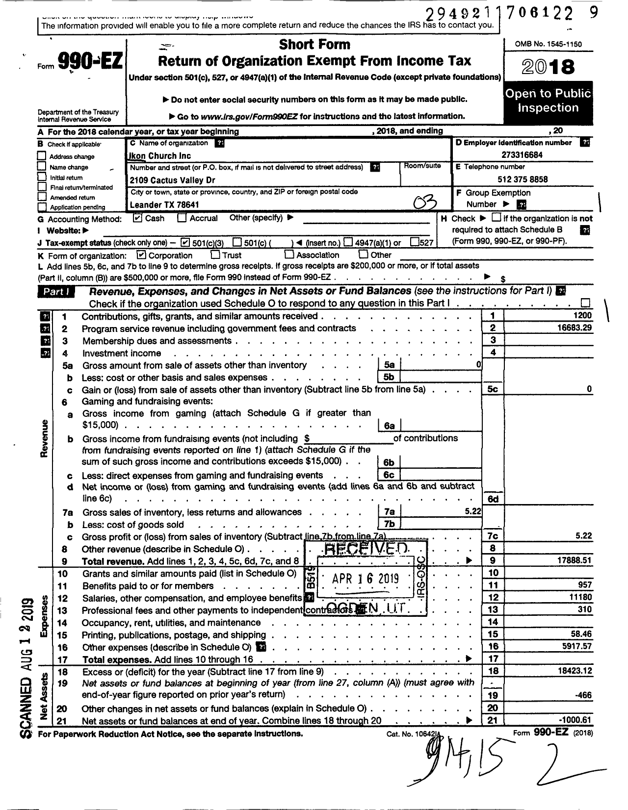 Image of first page of 2018 Form 990EZ for Ikon Church