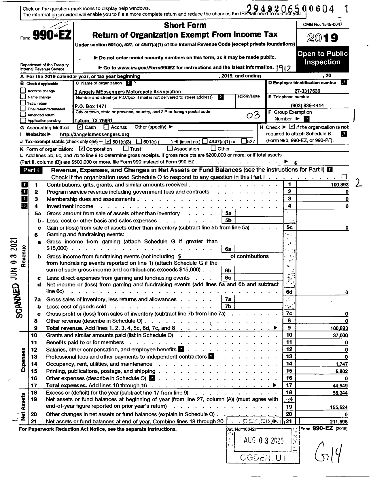 Image of first page of 2019 Form 990EZ for 3 Angels Messengers Motorcycle Association