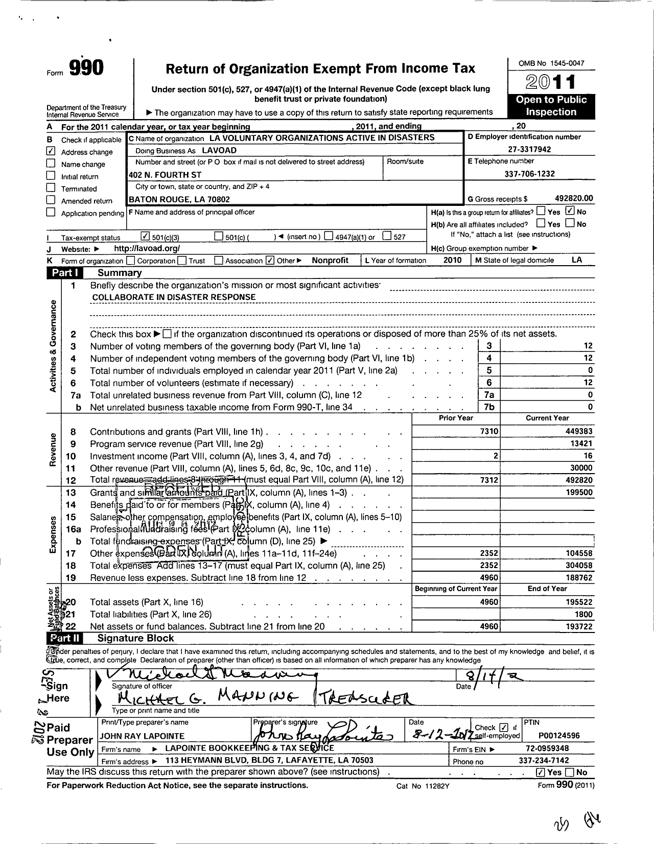 Image of first page of 2011 Form 990 for Louisiana Voluntary Organizations Active in Disasters