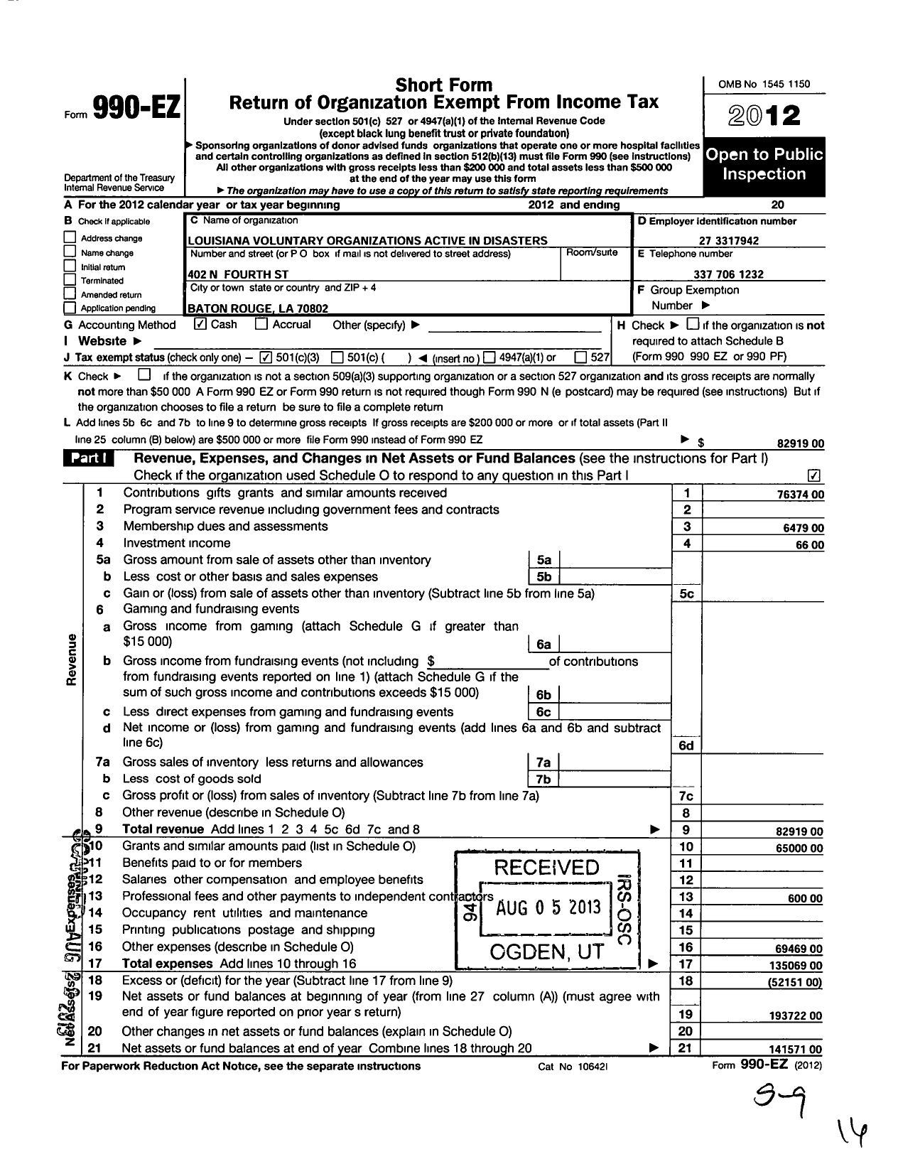 Image of first page of 2012 Form 990EZ for Louisiana Voluntary Organizations Active in Disasters