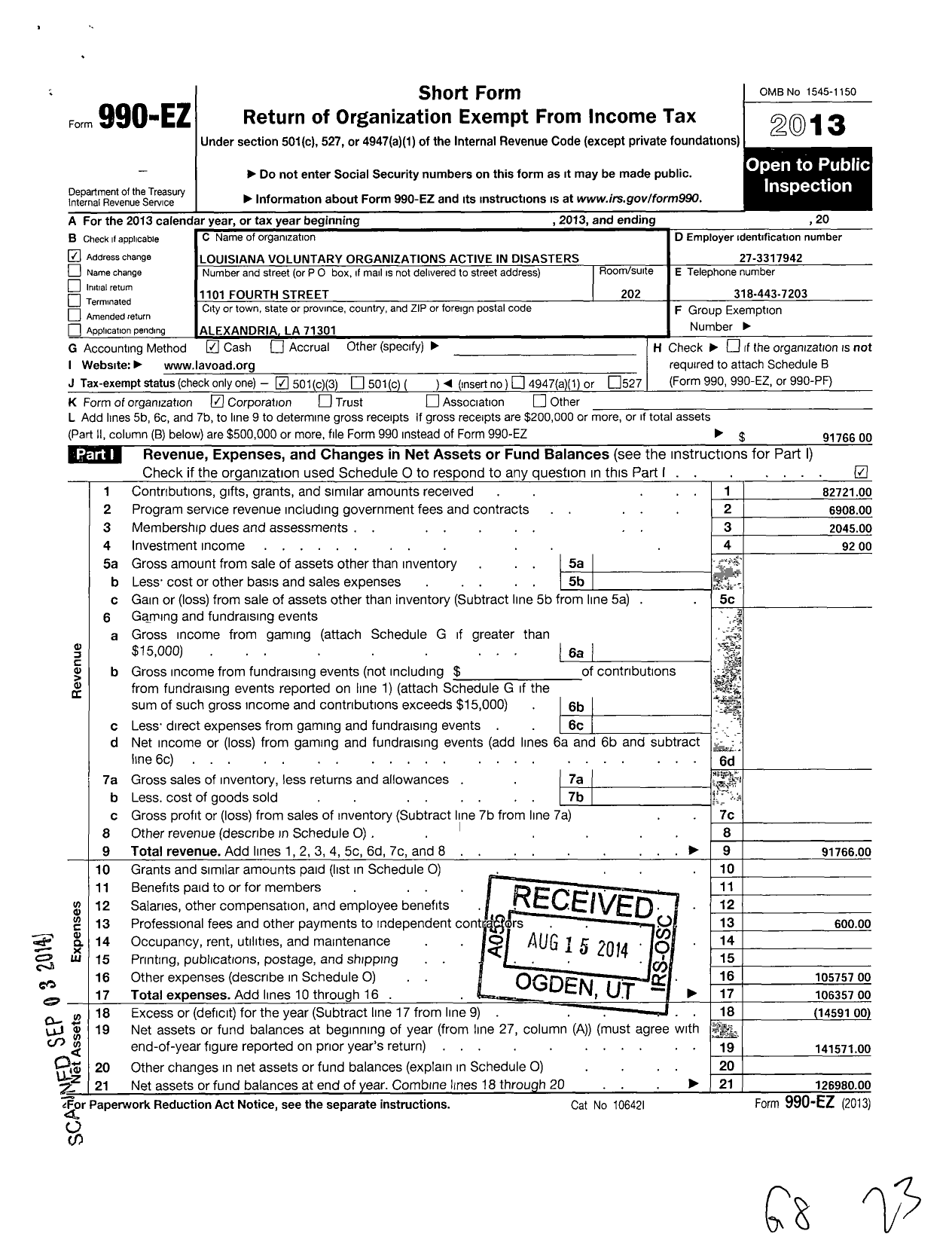 Image of first page of 2013 Form 990EZ for Louisiana Voluntary Organizations Active in Disasters