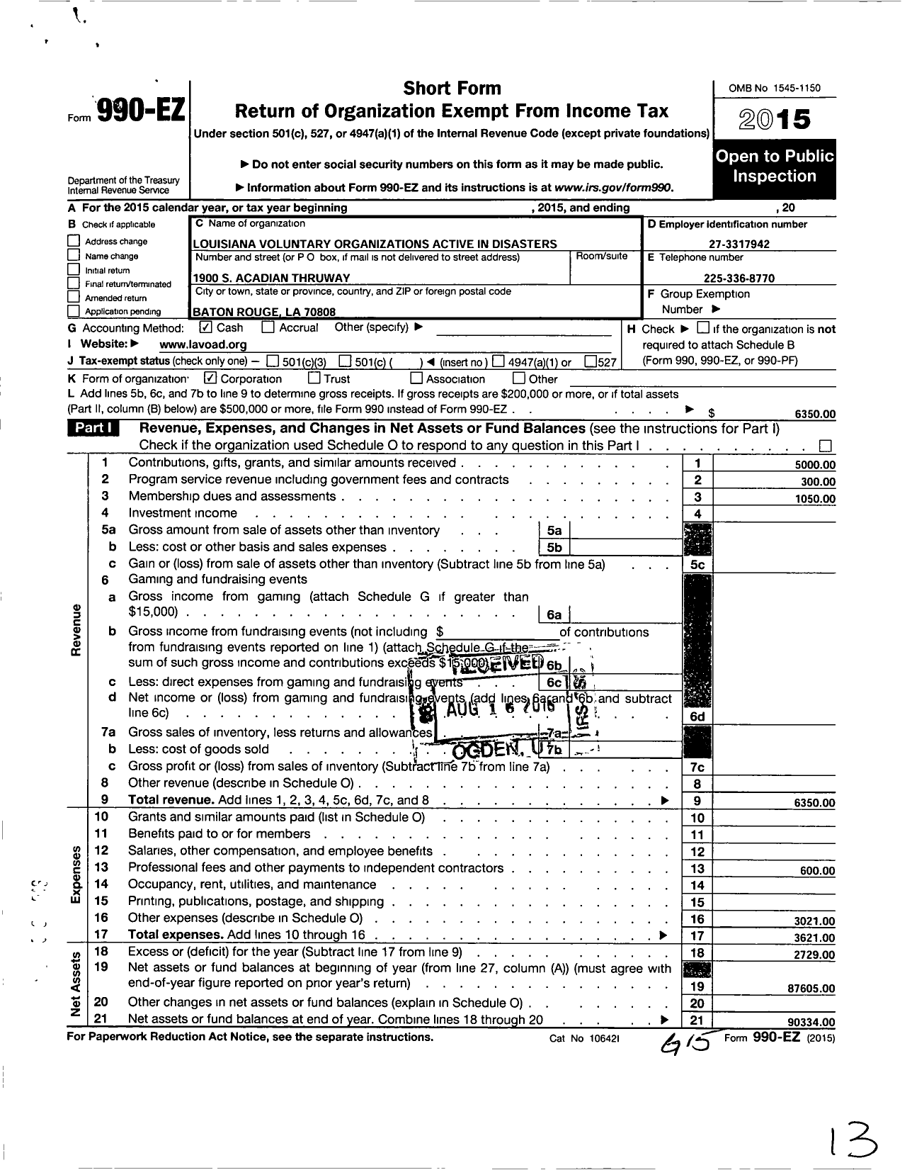 Image of first page of 2015 Form 990EO for Louisiana Voluntary Organizations Active in Disasters