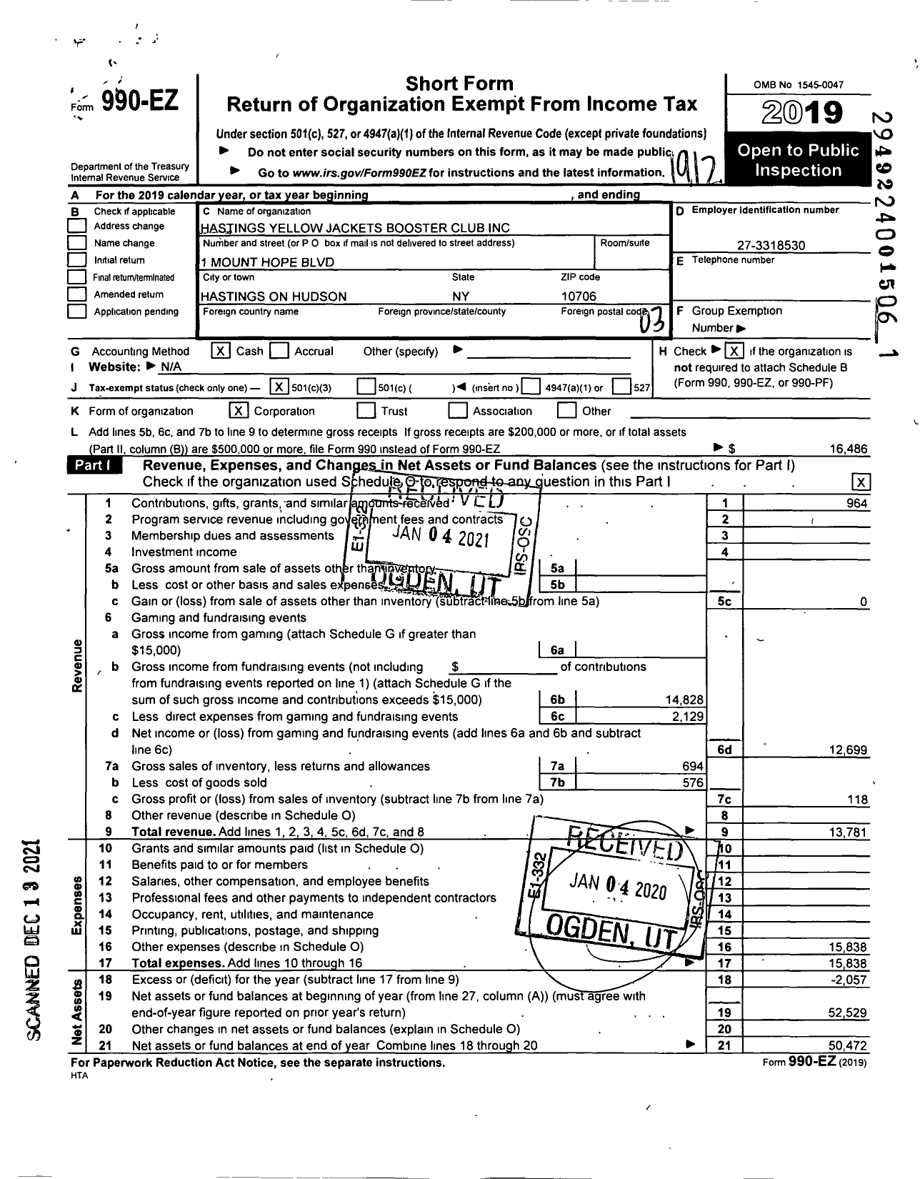 Image of first page of 2019 Form 990EZ for Hastings Yellow Jackets Booster Club