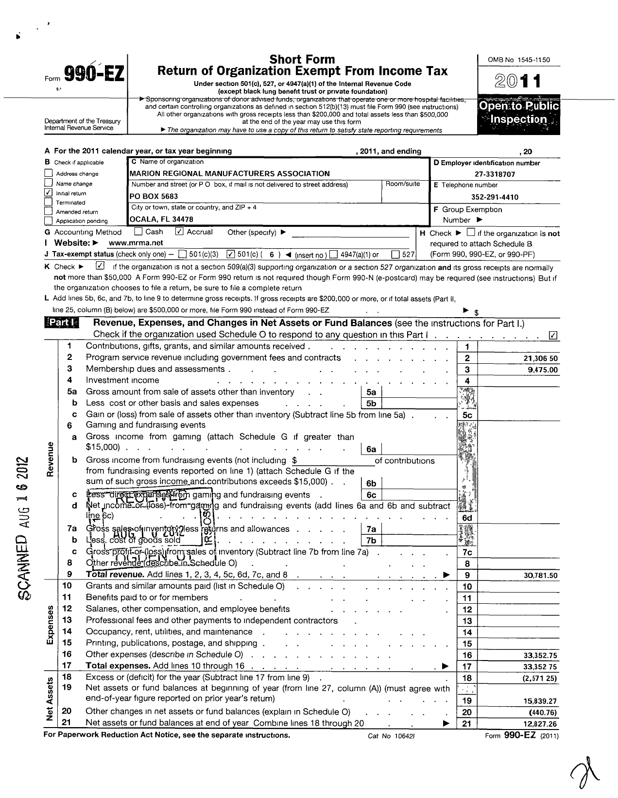 Image of first page of 2011 Form 990EO for Marion Regional Manufacturers Association