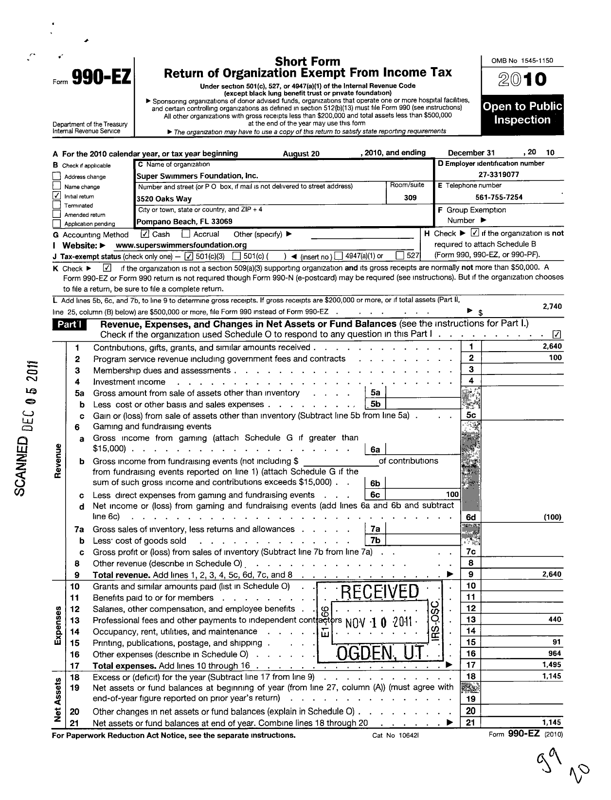 Image of first page of 2010 Form 990EZ for Super Swimmers Foundation