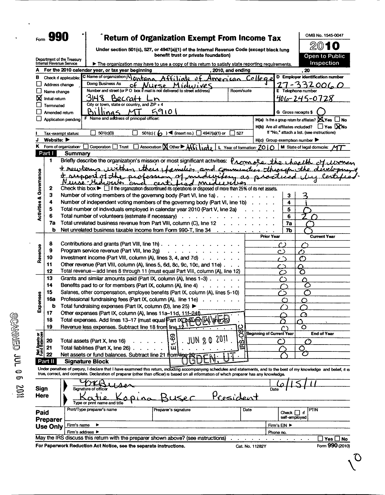 Image of first page of 2010 Form 990O for Montana Affiliate of America College of Nurse-Midwives