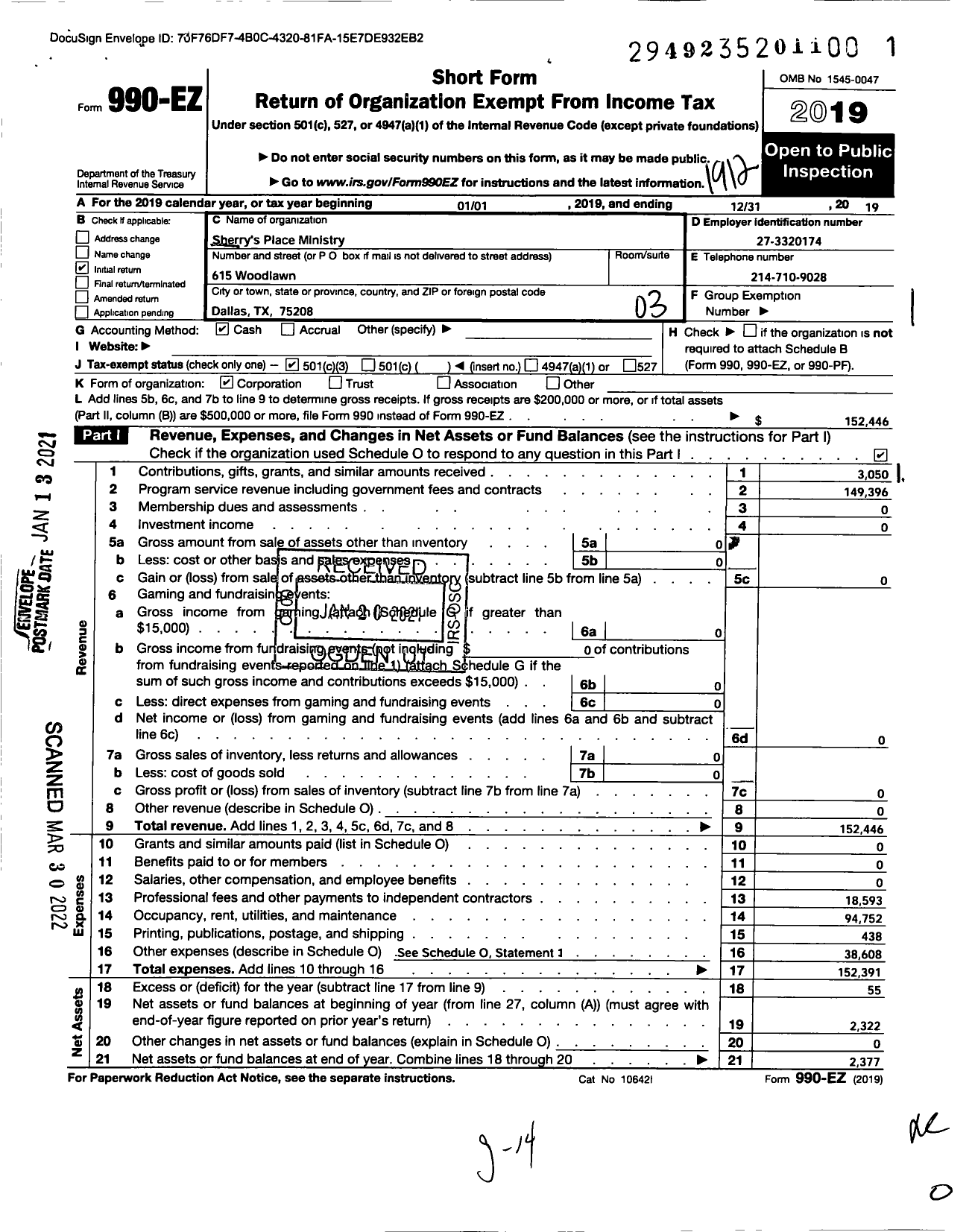 Image of first page of 2019 Form 990EZ for Sherrys Place