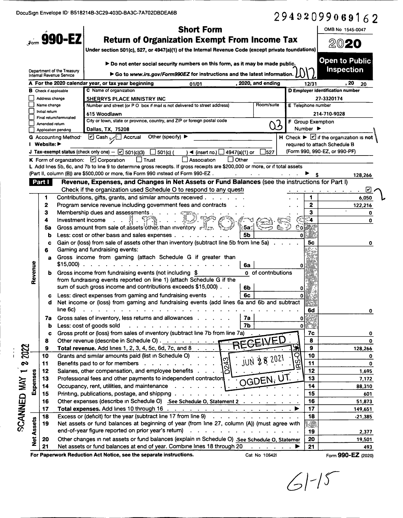 Image of first page of 2020 Form 990EZ for Sherrys Place