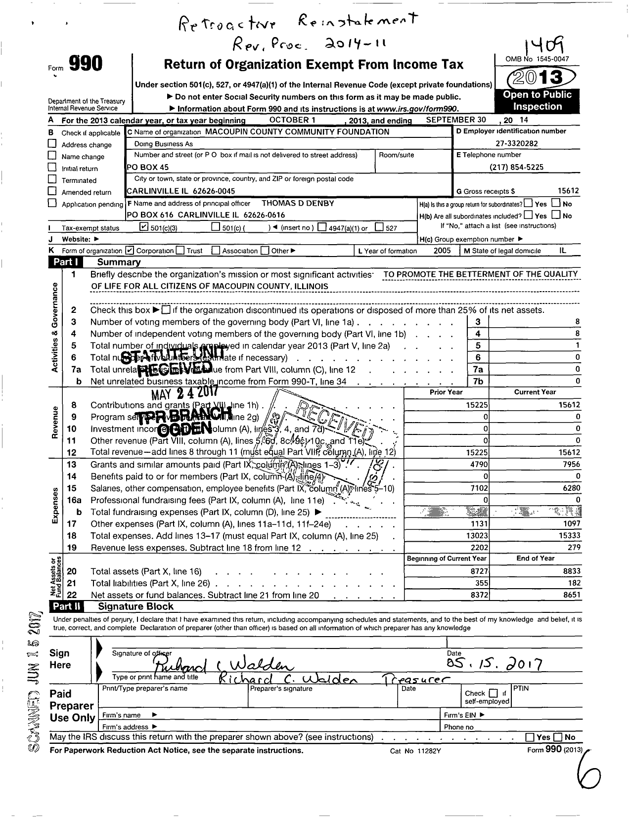 Image of first page of 2013 Form 990 for Macoupin County Community Foundation