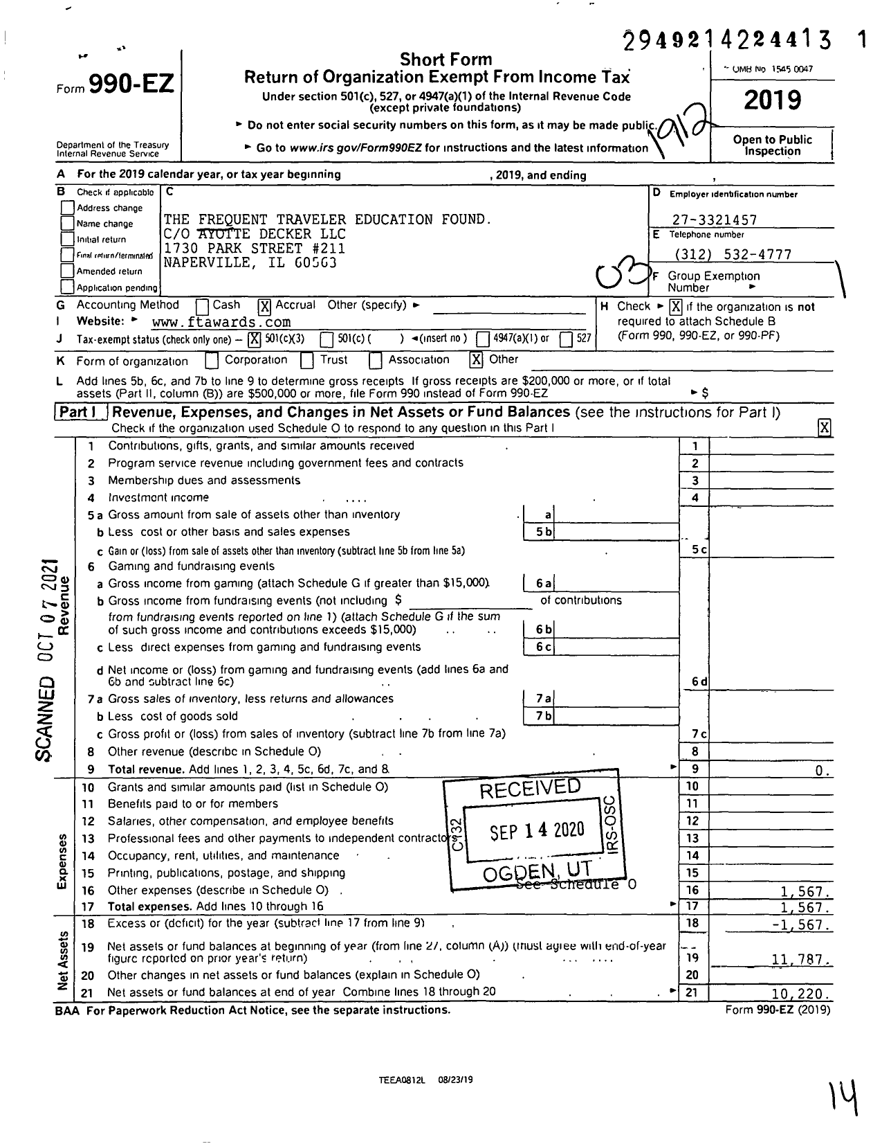 Image of first page of 2019 Form 990EZ for The Frequent Traveler Education Found Ayotte Decker LLC