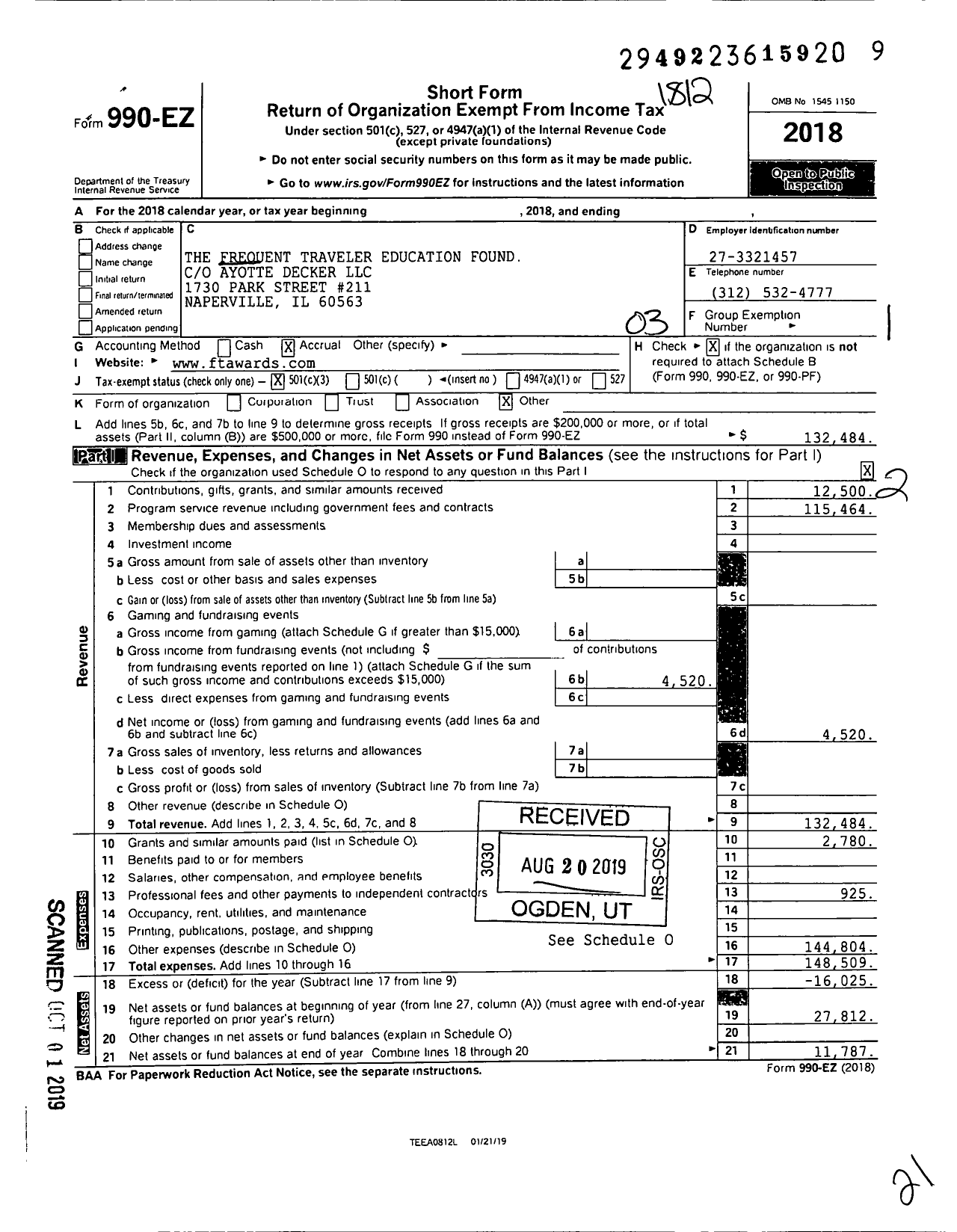 Image of first page of 2018 Form 990EZ for The Frequent Traveler Education Found Ayotte Decker LLC