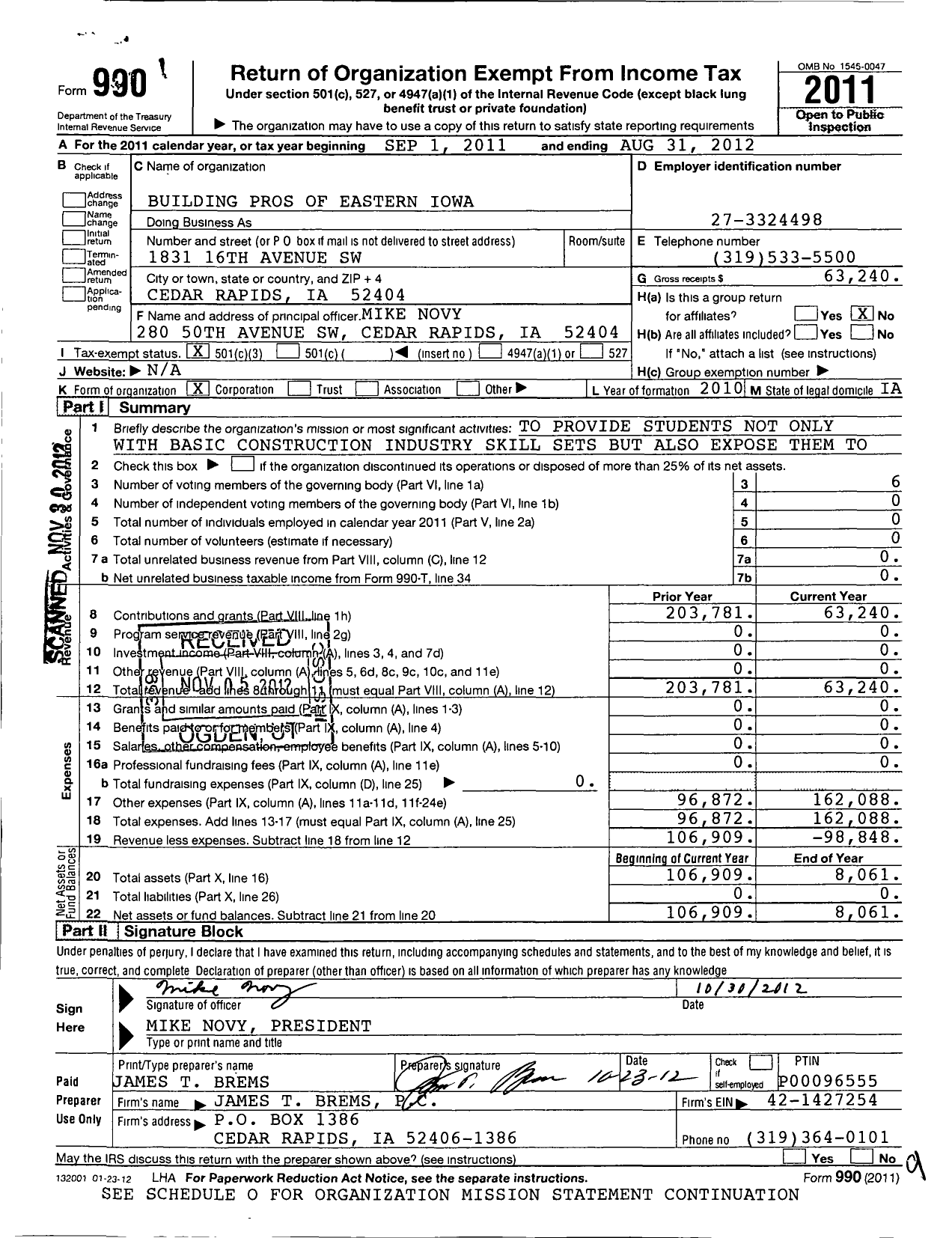 Image of first page of 2011 Form 990 for Built By Pros