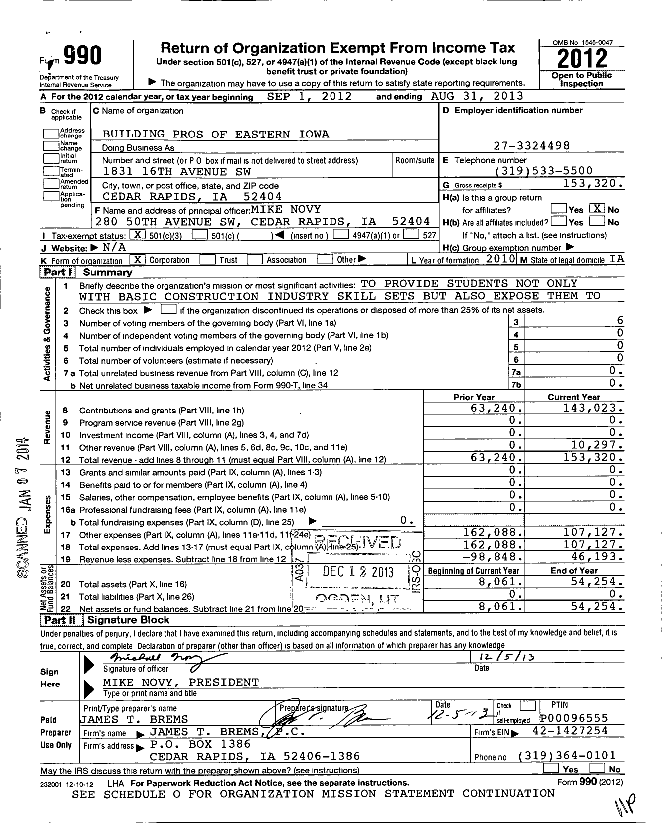 Image of first page of 2012 Form 990 for Built By Pros