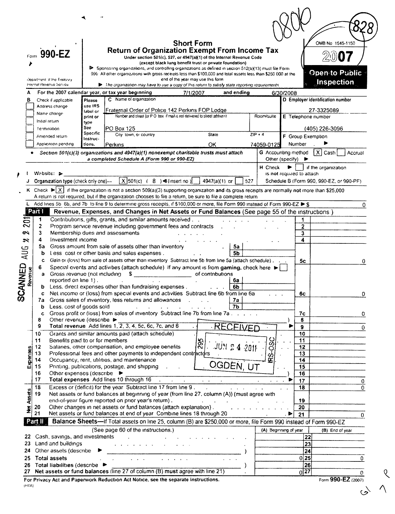 Image of first page of 2007 Form 990EO for Fraternal Order of Police - 142 Perkins Fop Lodge