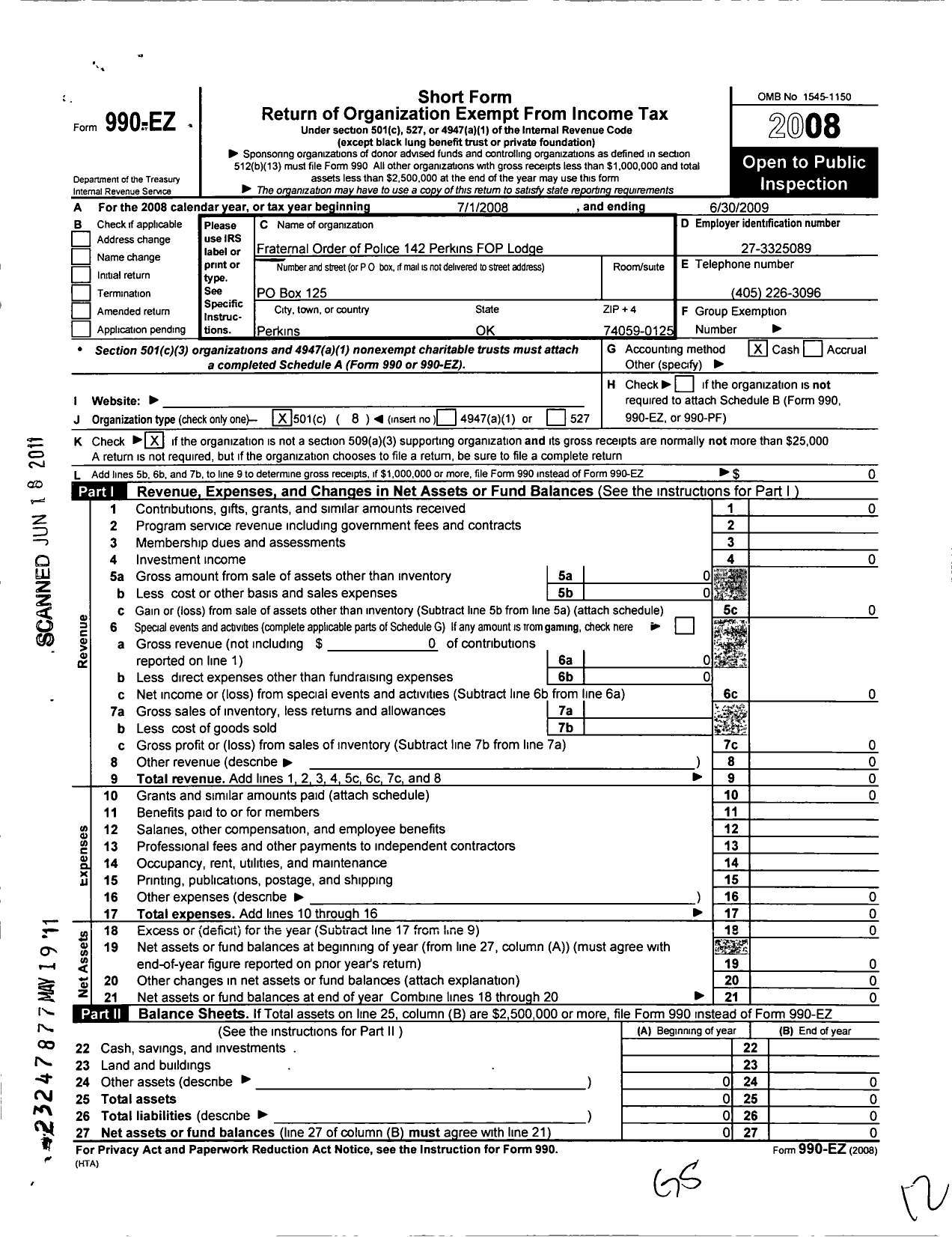 Image of first page of 2008 Form 990EO for Fraternal Order of Police - 142 Perkins Fop Lodge