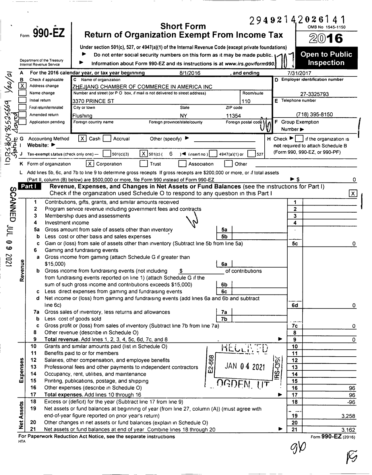 Image of first page of 2016 Form 990EO for Zhejiang Chamber of Commerce in America