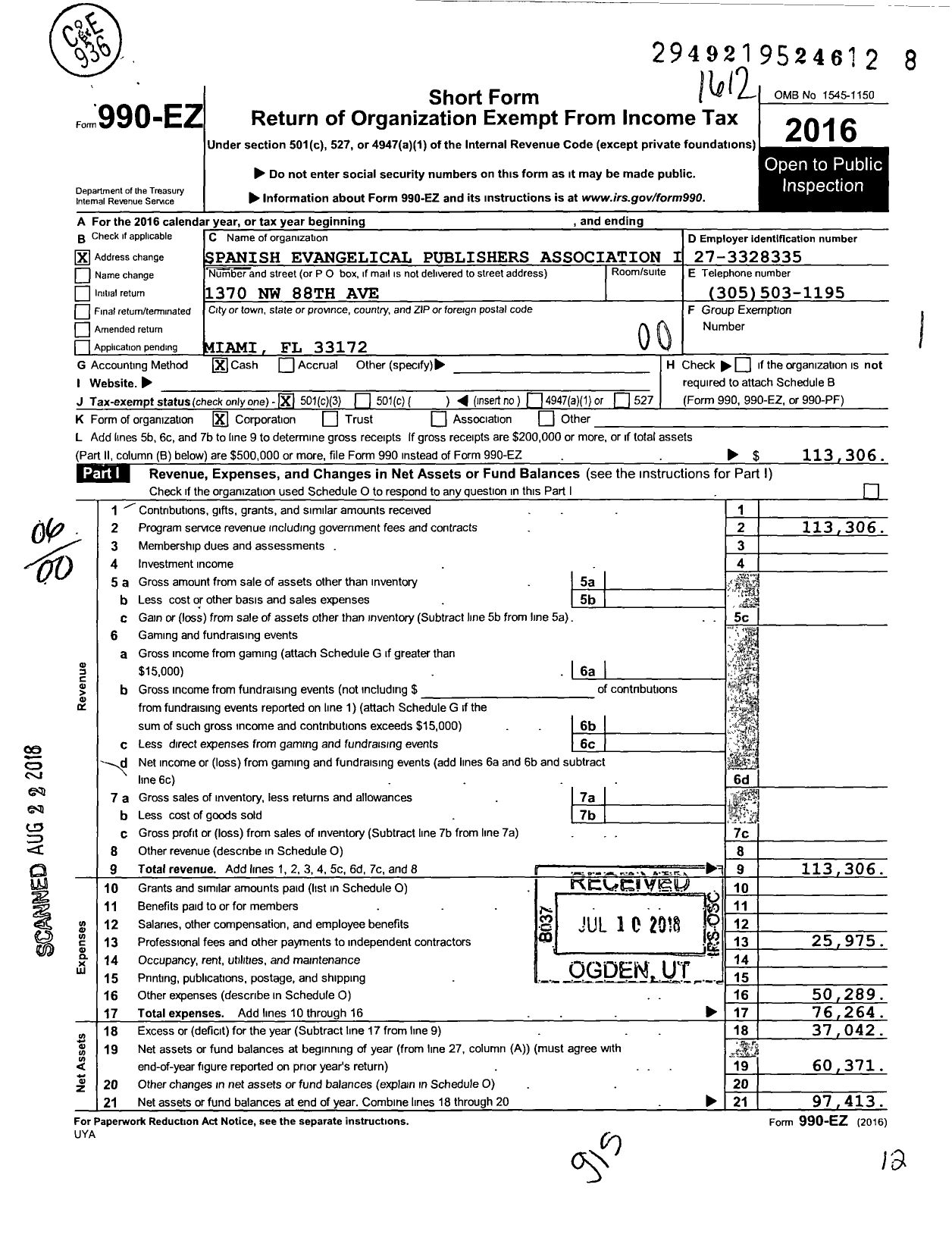 Image of first page of 2016 Form 990EO for Spanish Evangelical Publishers Association Sepa (SEPA)