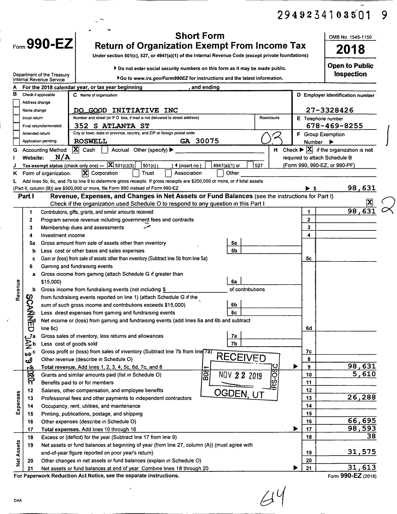 Image of first page of 2018 Form 990EZ for Do Good Initiative