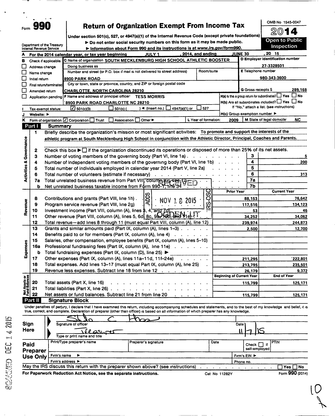 Image of first page of 2014 Form 990 for South Mecklenburg High School Athletic Booster Club