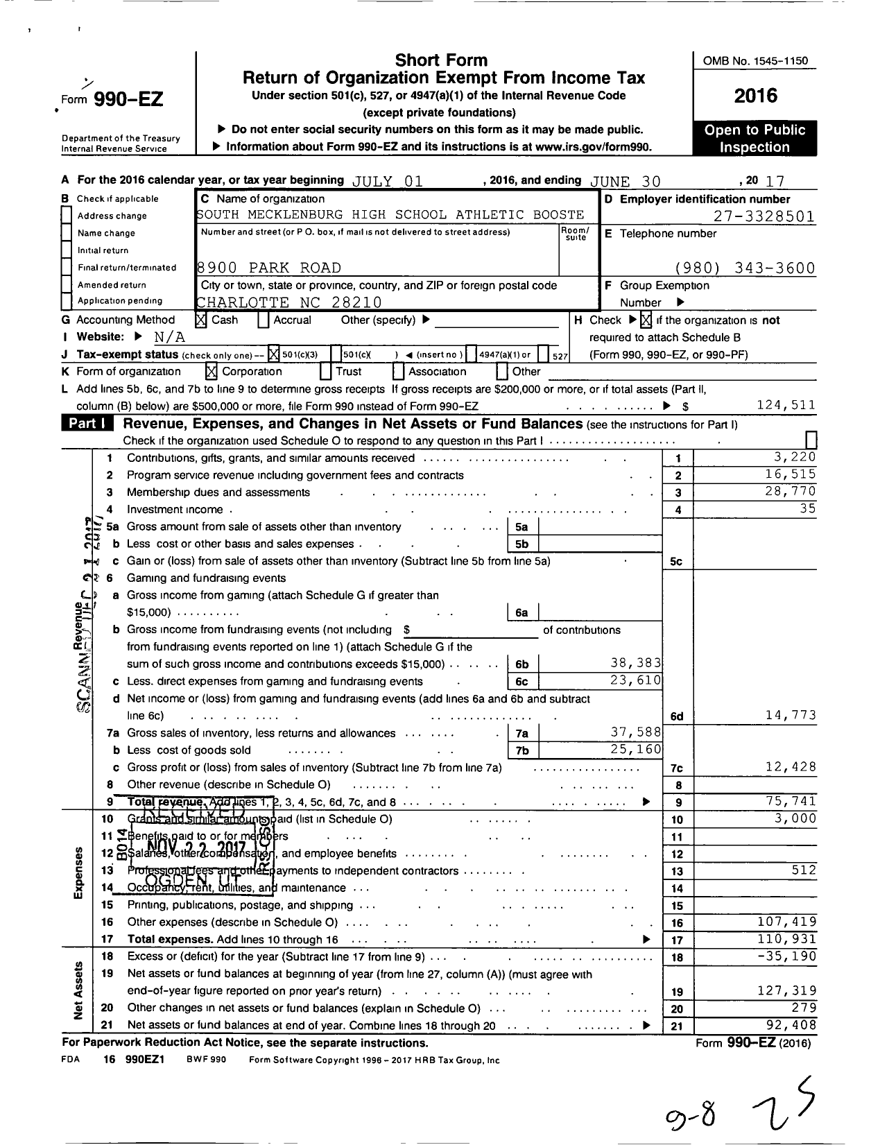 Image of first page of 2016 Form 990EZ for South Mecklenburg High School Athletic Booster Club