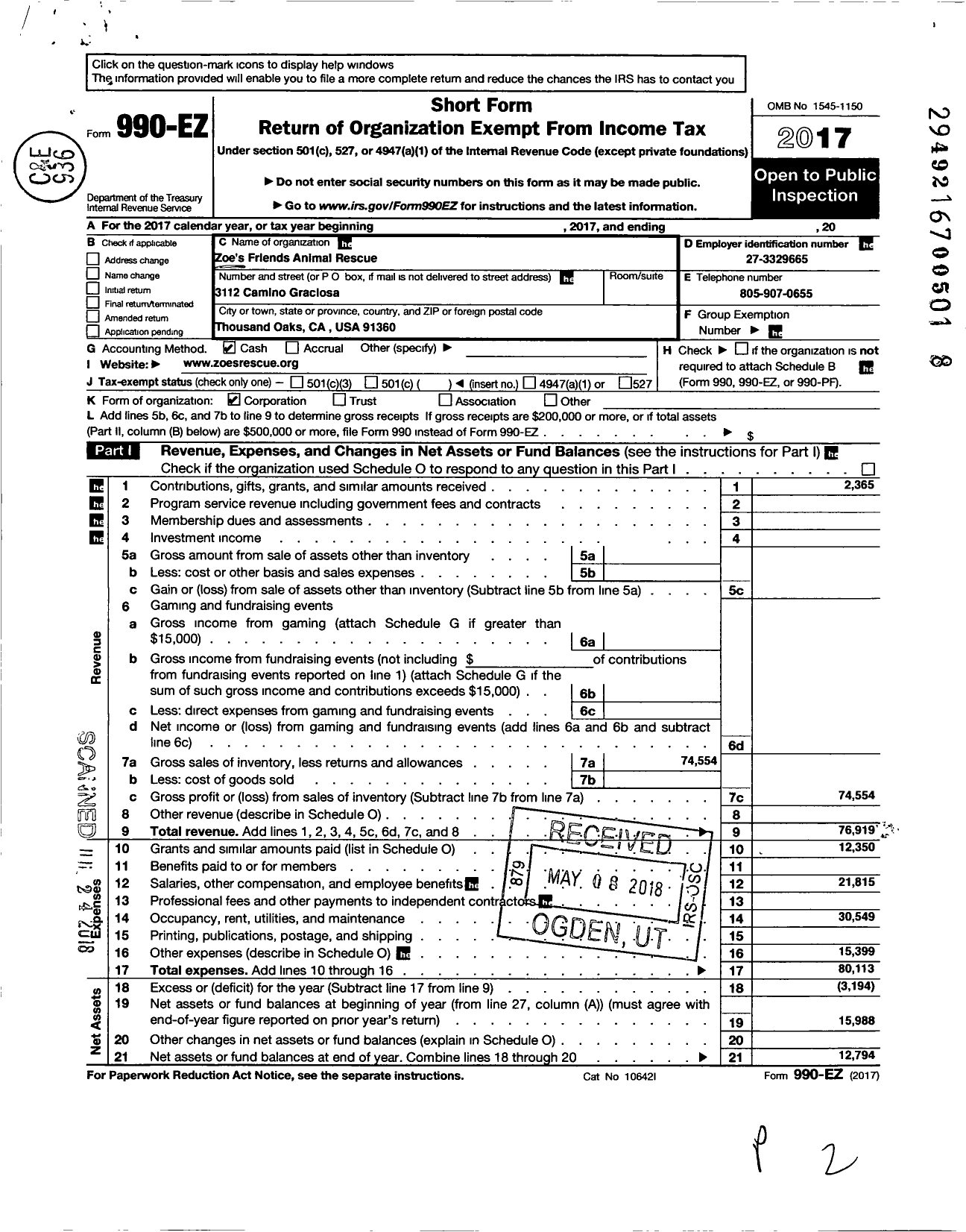 Image of first page of 2017 Form 990EO for Zoes Friends Animal Rescue