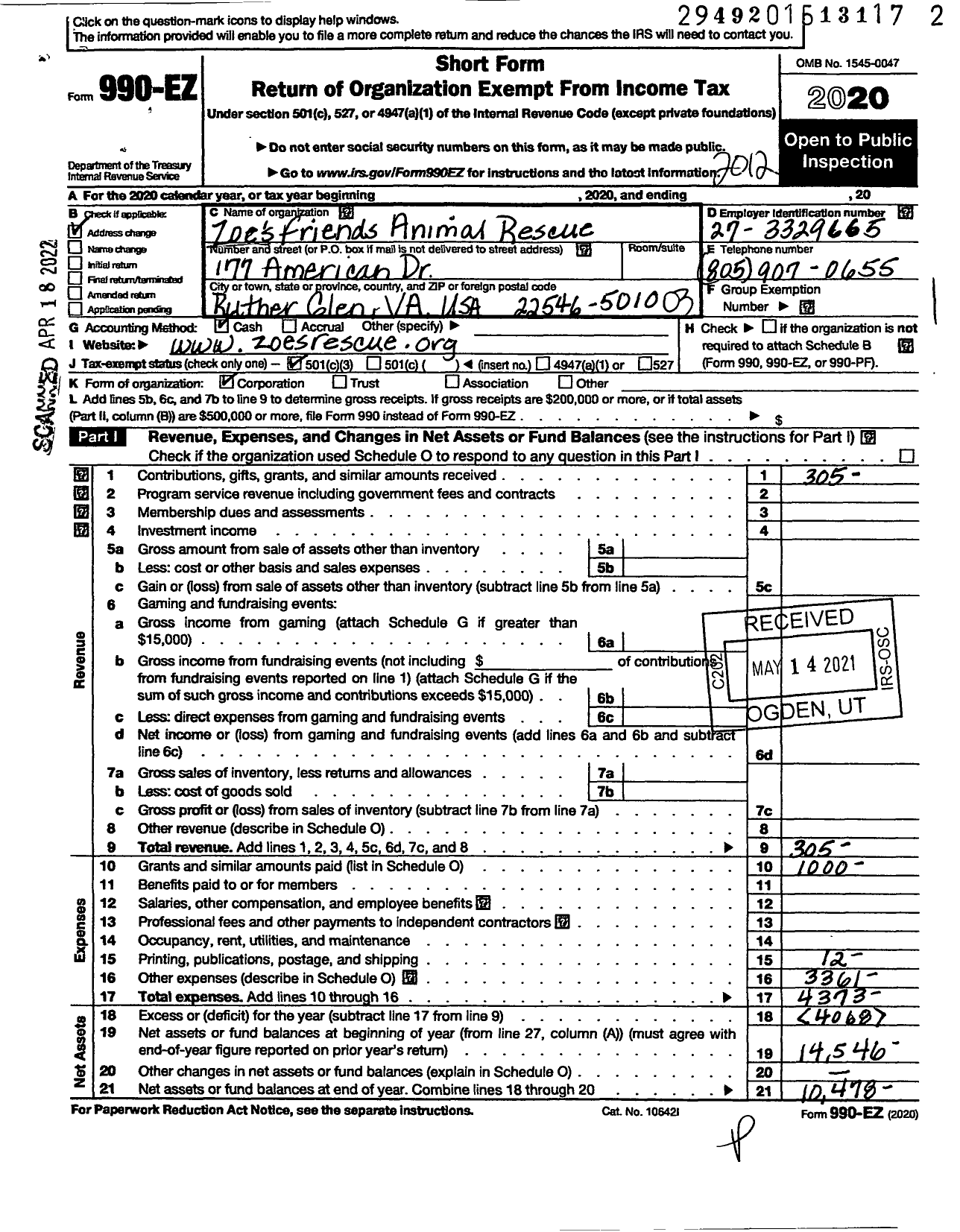 Image of first page of 2020 Form 990EZ for Zoes Friends Animal Rescue