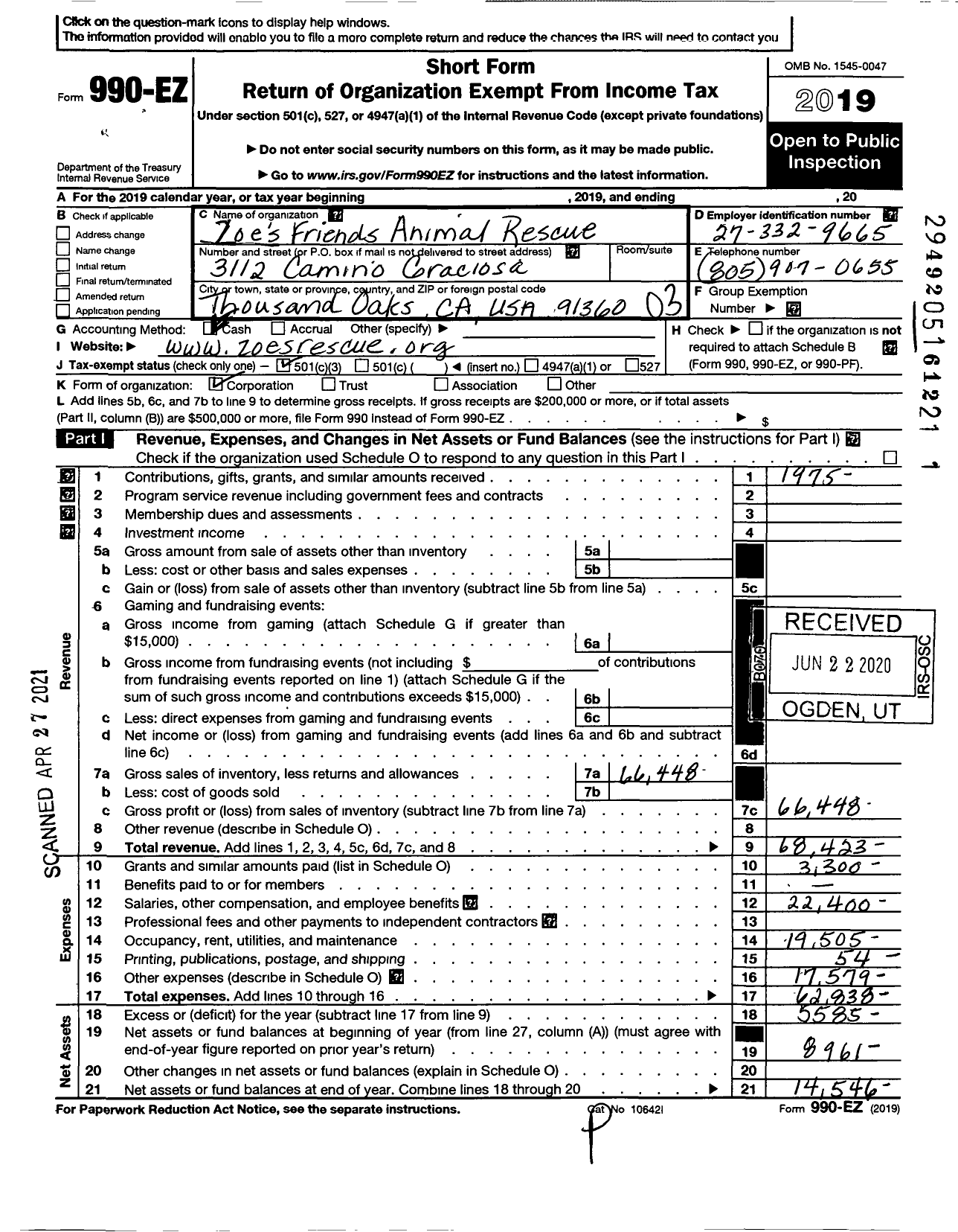 Image of first page of 2019 Form 990EZ for Zoes Friends Animal Rescue