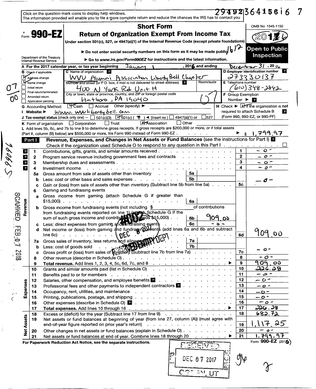 Image of first page of 2016 Form 990EO for Wvu Alumni Association Liberty Bell Chapter