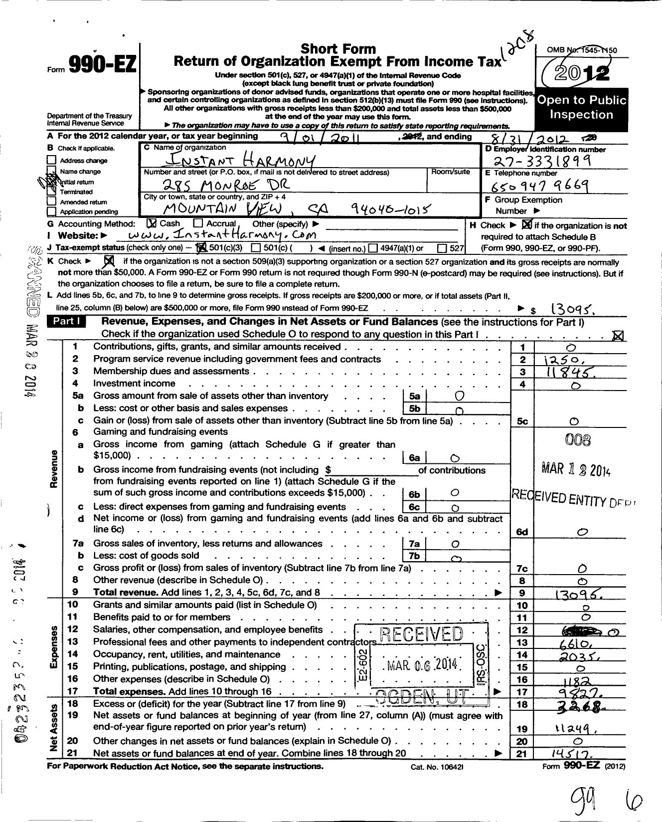 Image of first page of 2011 Form 990EZ for Instant Harmony