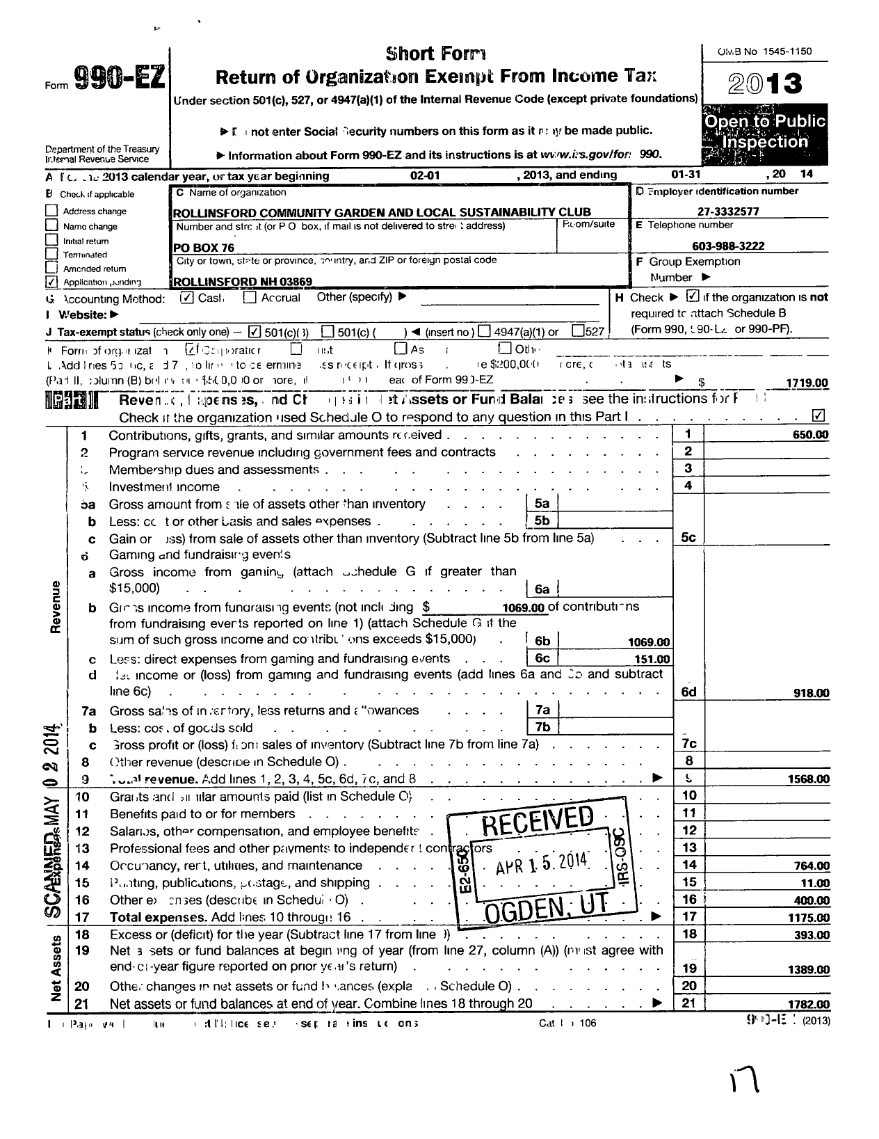 Image of first page of 2013 Form 990EZ for Rollinsford Garden and Local Sustainability Club