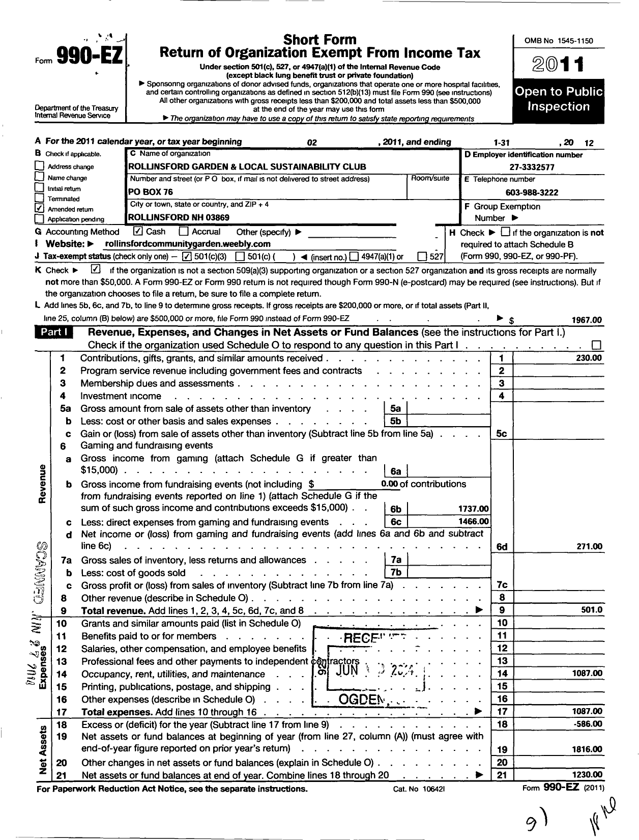 Image of first page of 2011 Form 990EZ for Rollinsford Garden and Local Sustainability Club