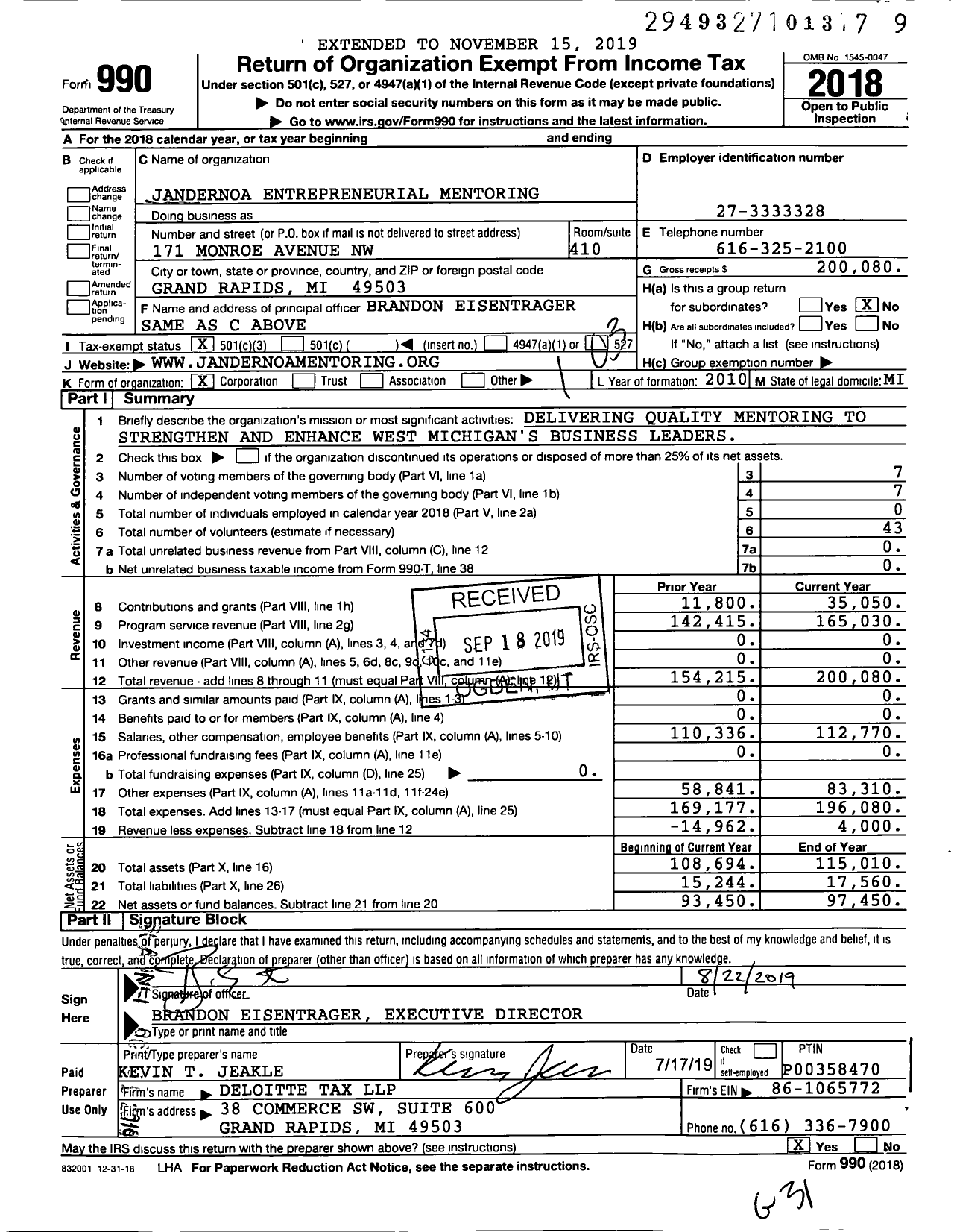 Image of first page of 2018 Form 990 for Jandernoa Entrepreneurial Mentoring