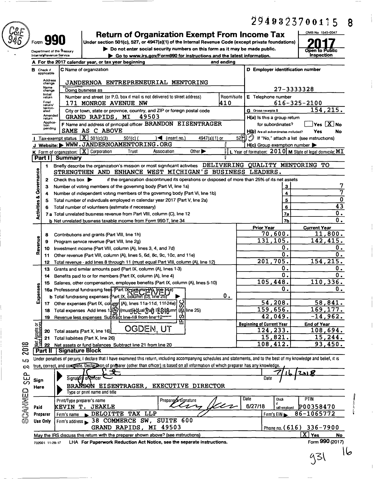 Image of first page of 2017 Form 990 for Jandernoa Entrepreneurial Mentoring